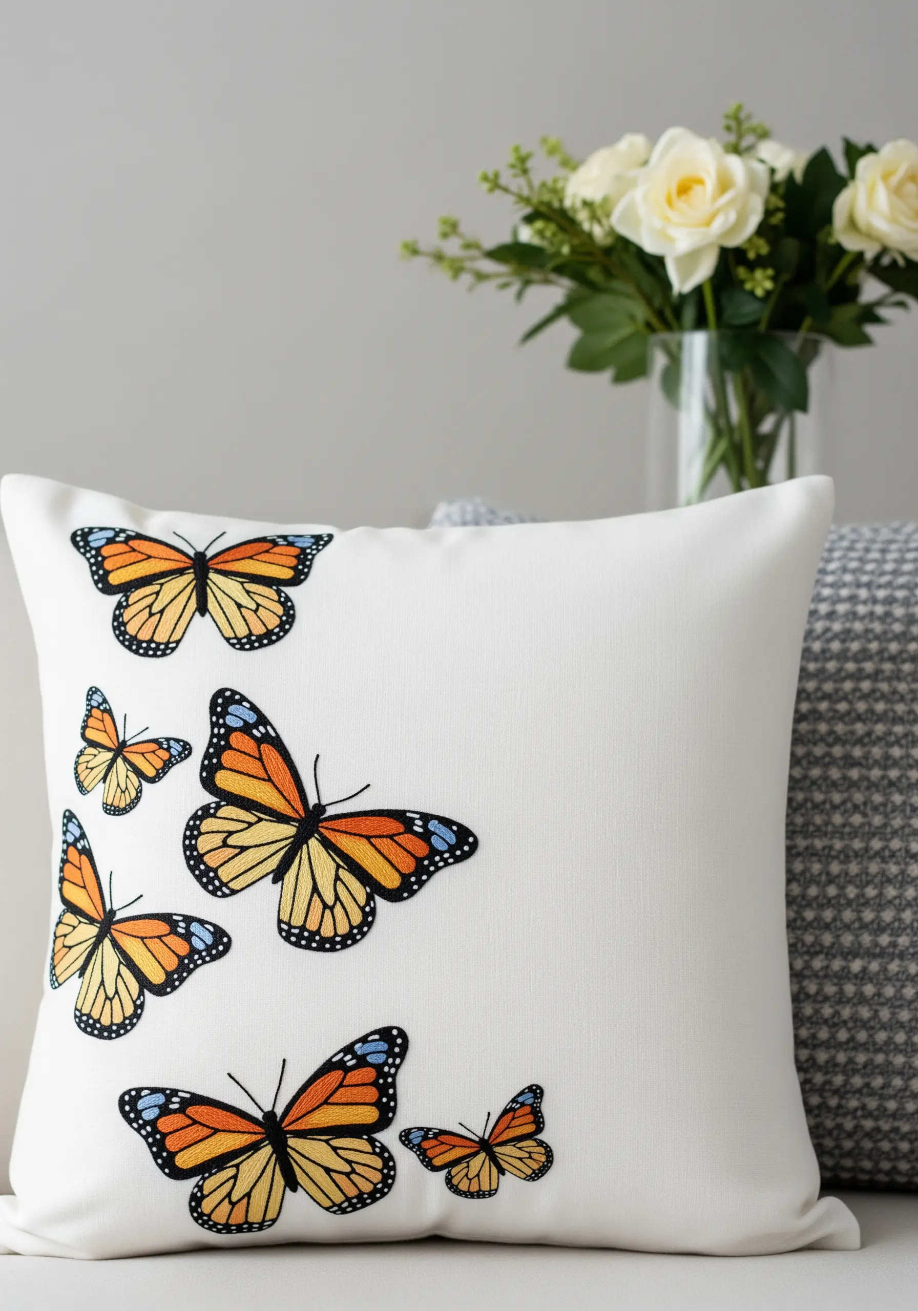 A scatter of embroidered monarch butterflies on a white pillow.