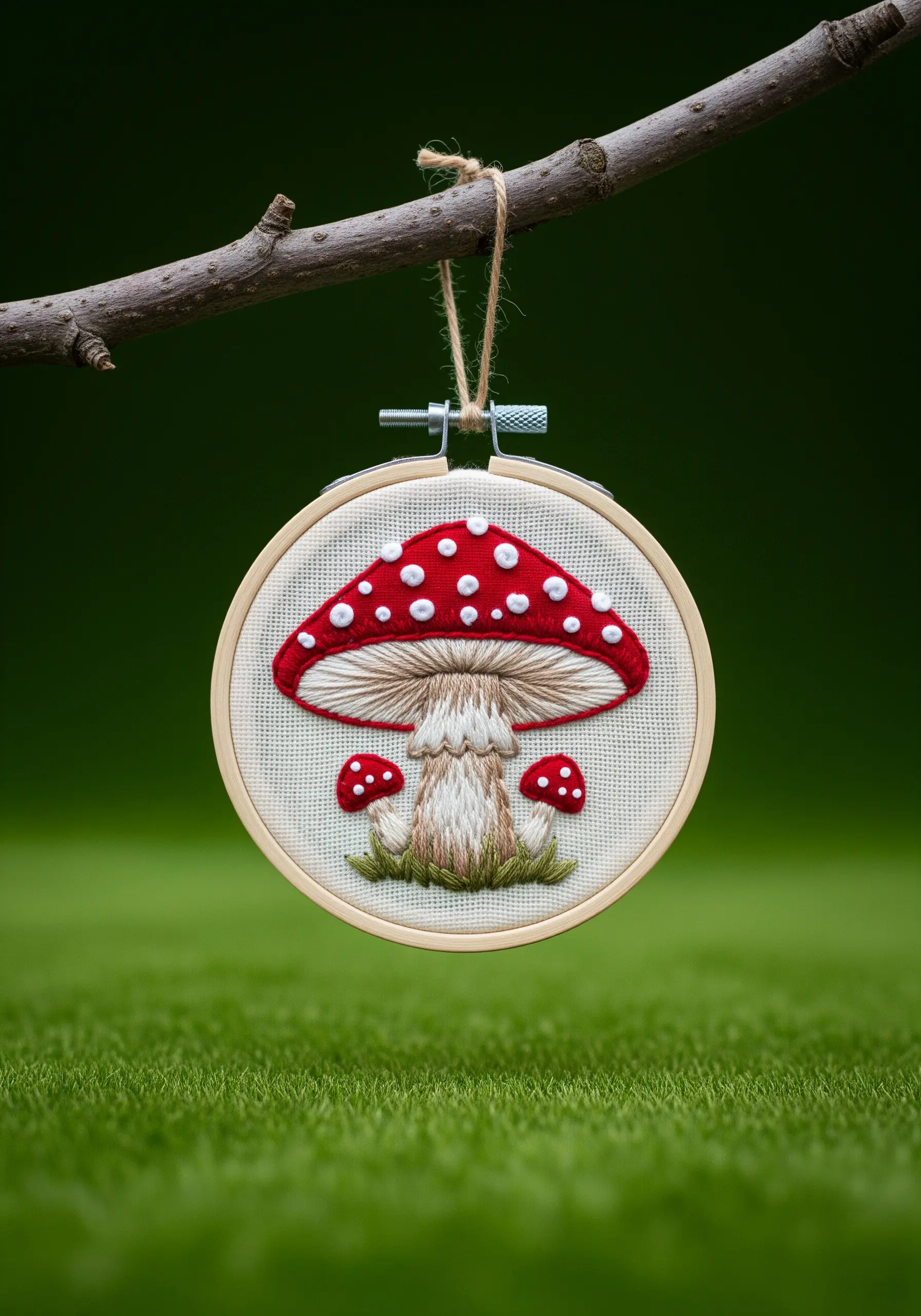 Embroidered red and white toadstool mushroom with detailed shading.