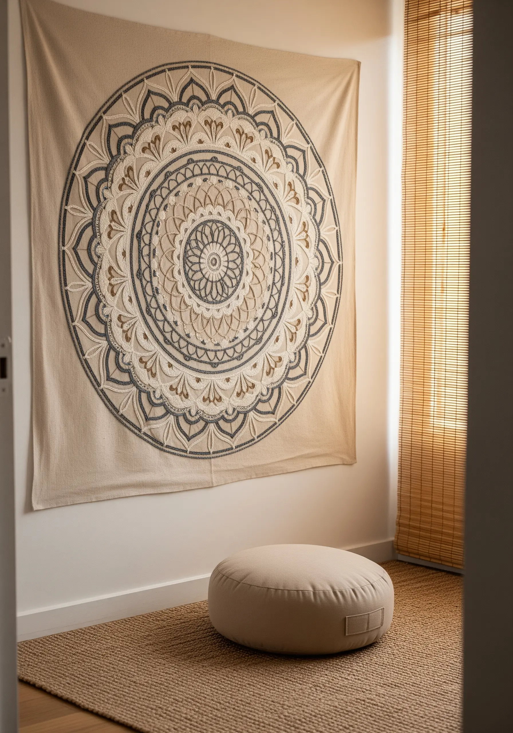 A large, neutral-toned embroidered mandala tapestry hanging on a wall in a meditation space.