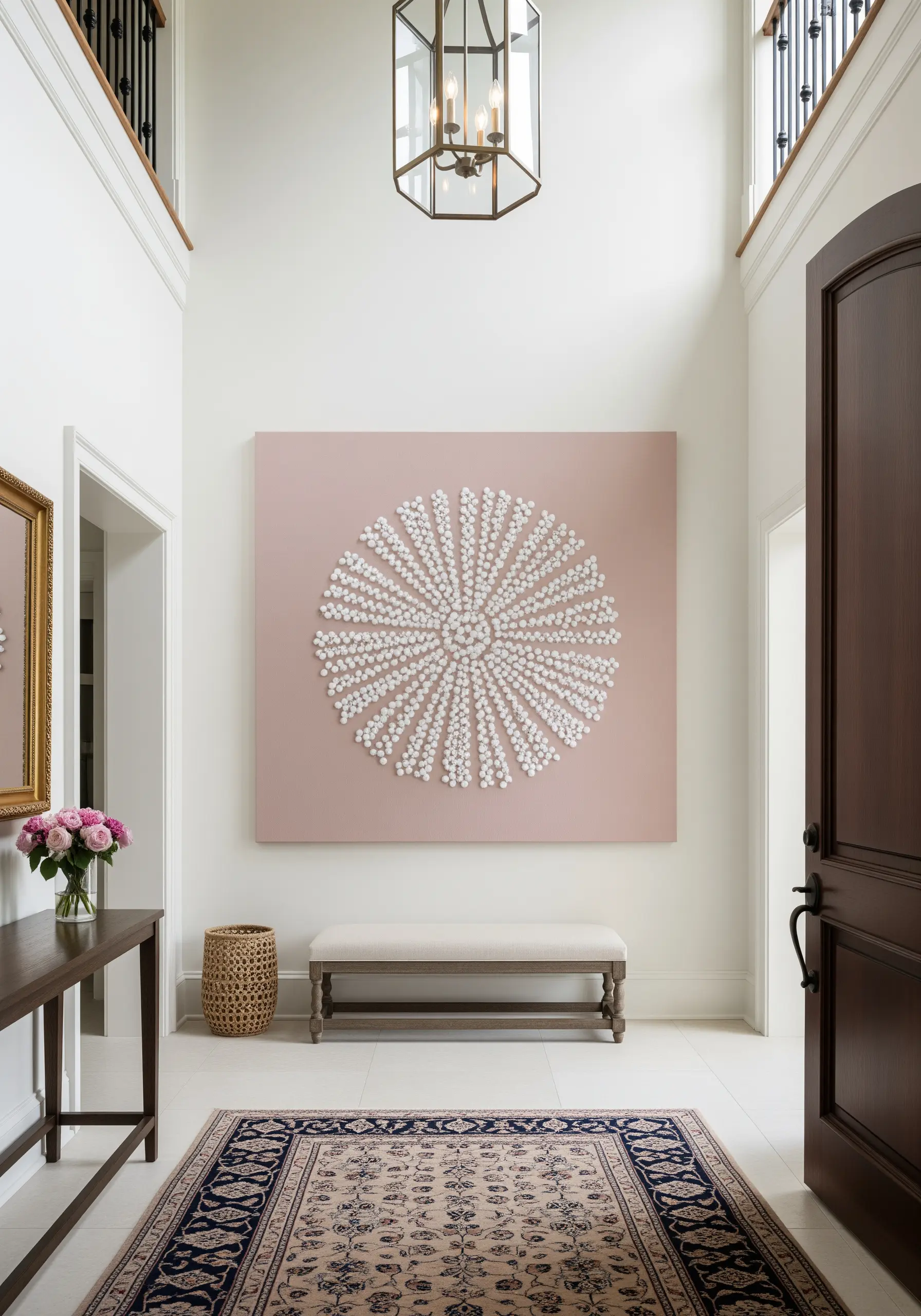 A large square canvas in pale pink with a raised, white embroidered floral mandala.