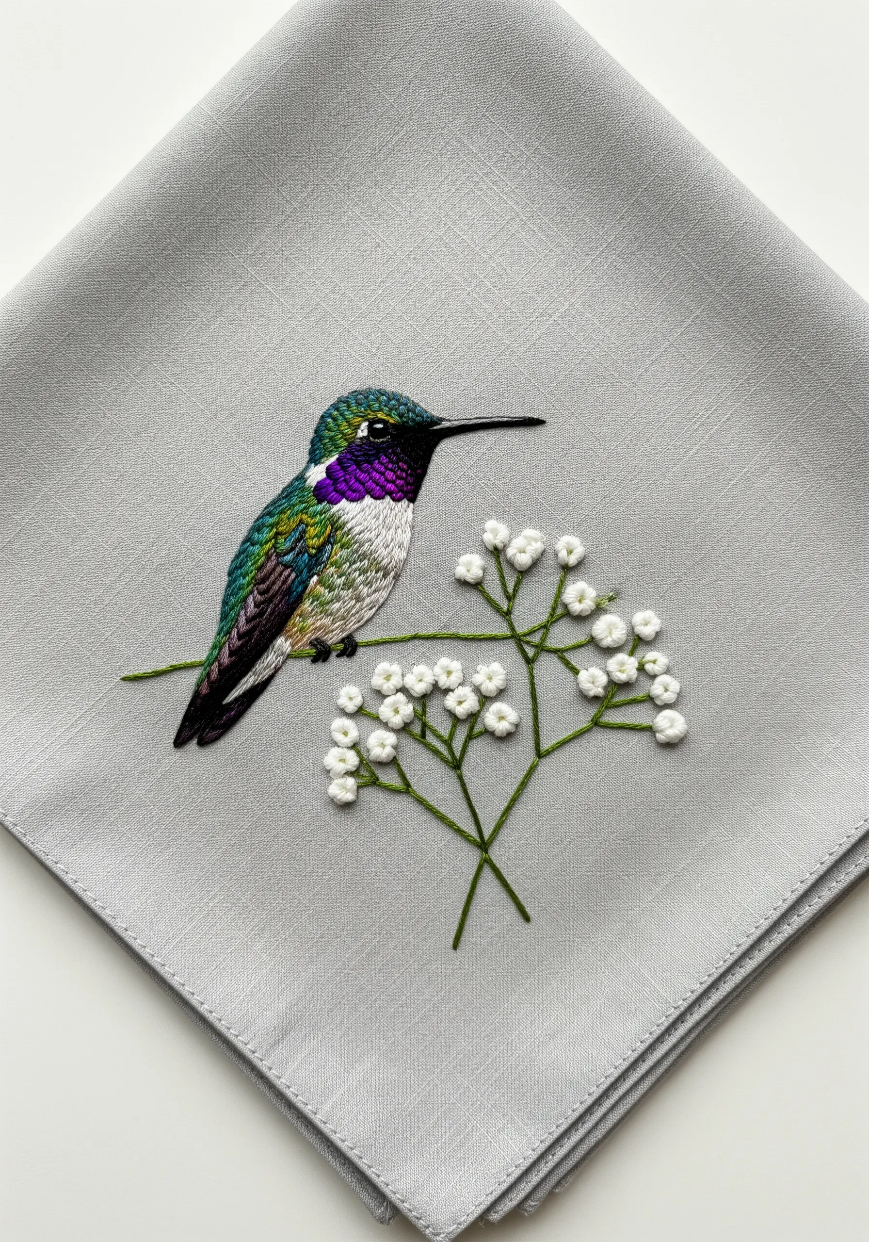 A detailed hummingbird perched beside a delicate sprig of embroidered baby's breath.