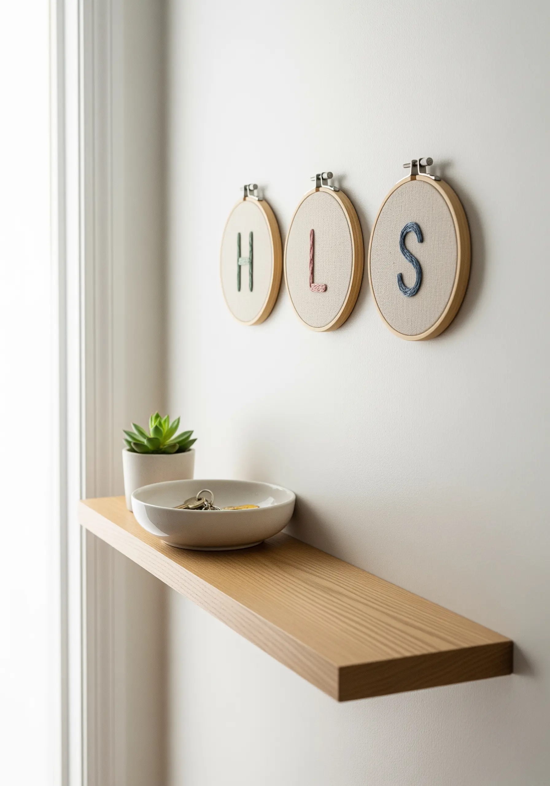 Three minimalist letter monograms in small embroidery hoops on a white wall.