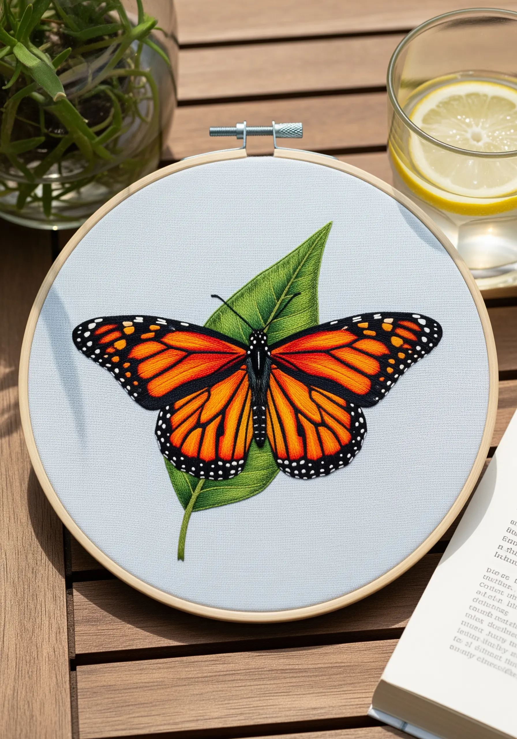 A vibrant monarch butterfly embroidery with clean satin stitch outlines and color gradients.