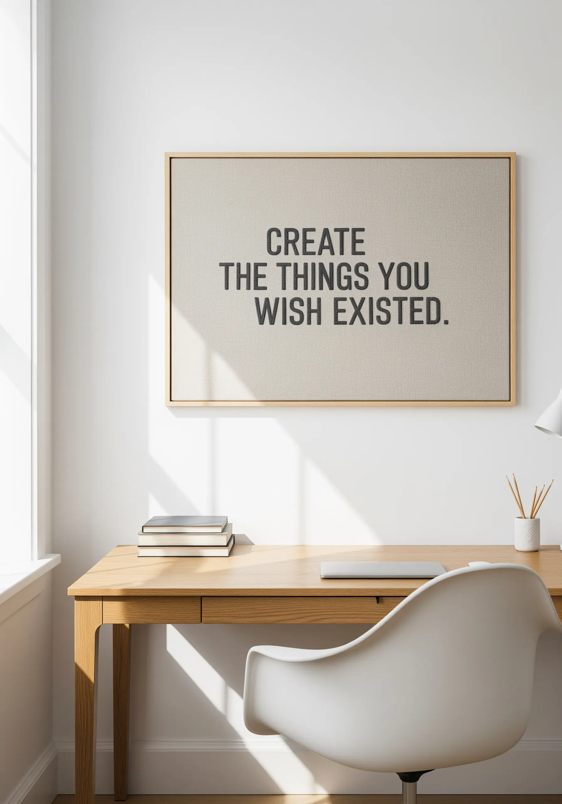 Minimalist embroidered quote in a light wood frame hanging over a modern desk.