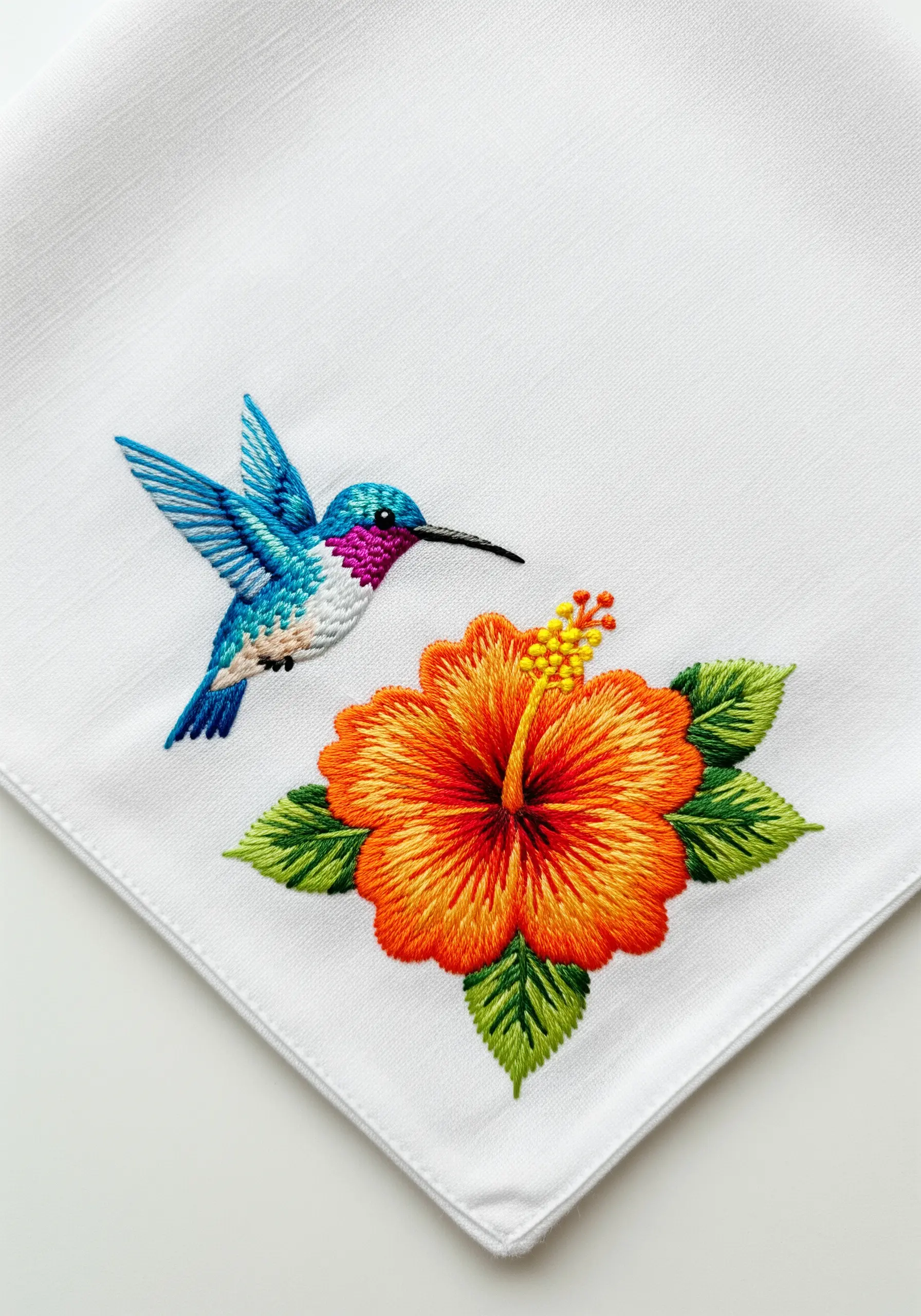 A blue hummingbird flies near a vibrant orange and yellow hibiscus flower.