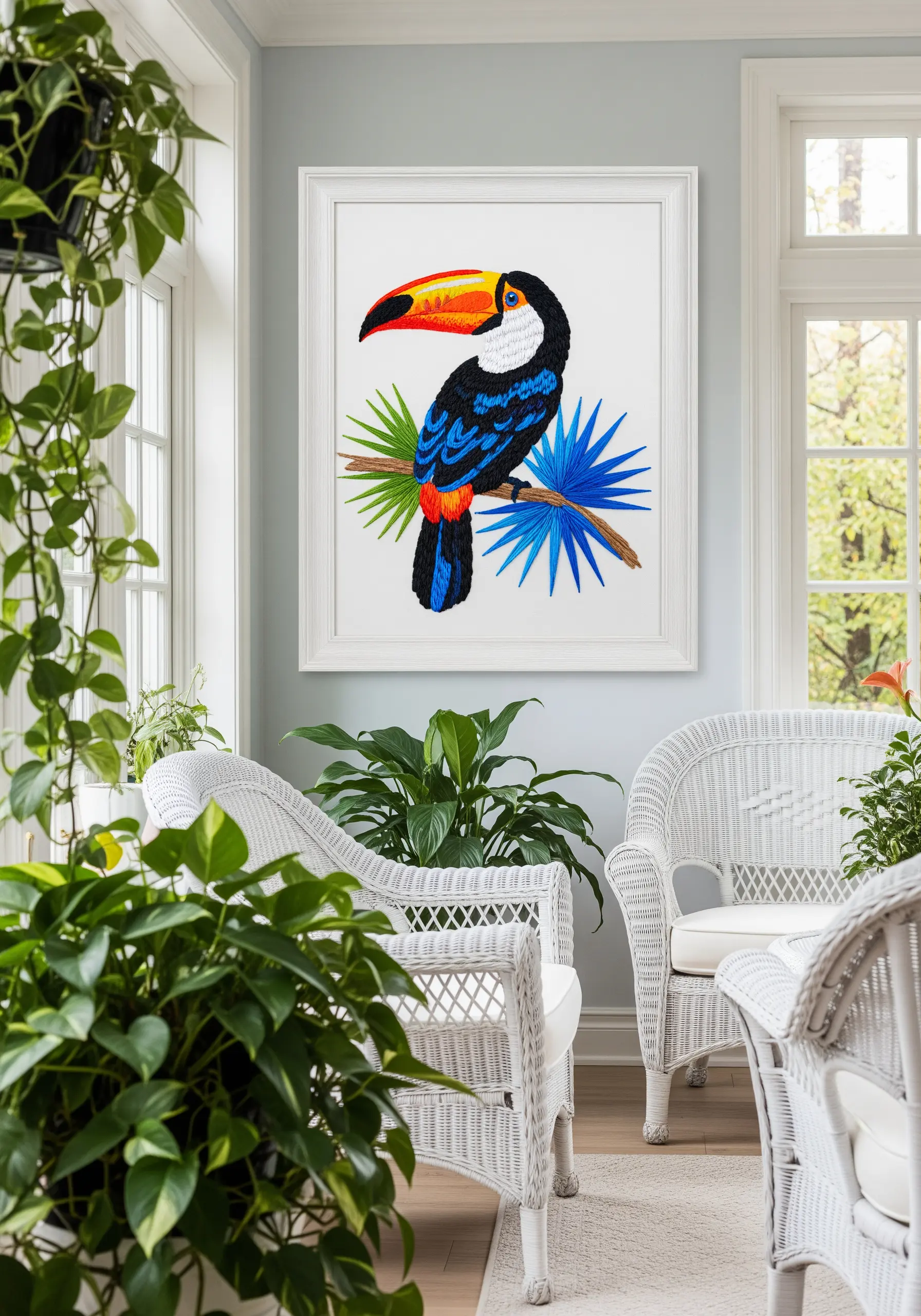 A colorful thread-painted toucan with a smoothly blended beak and dense feather stitches.