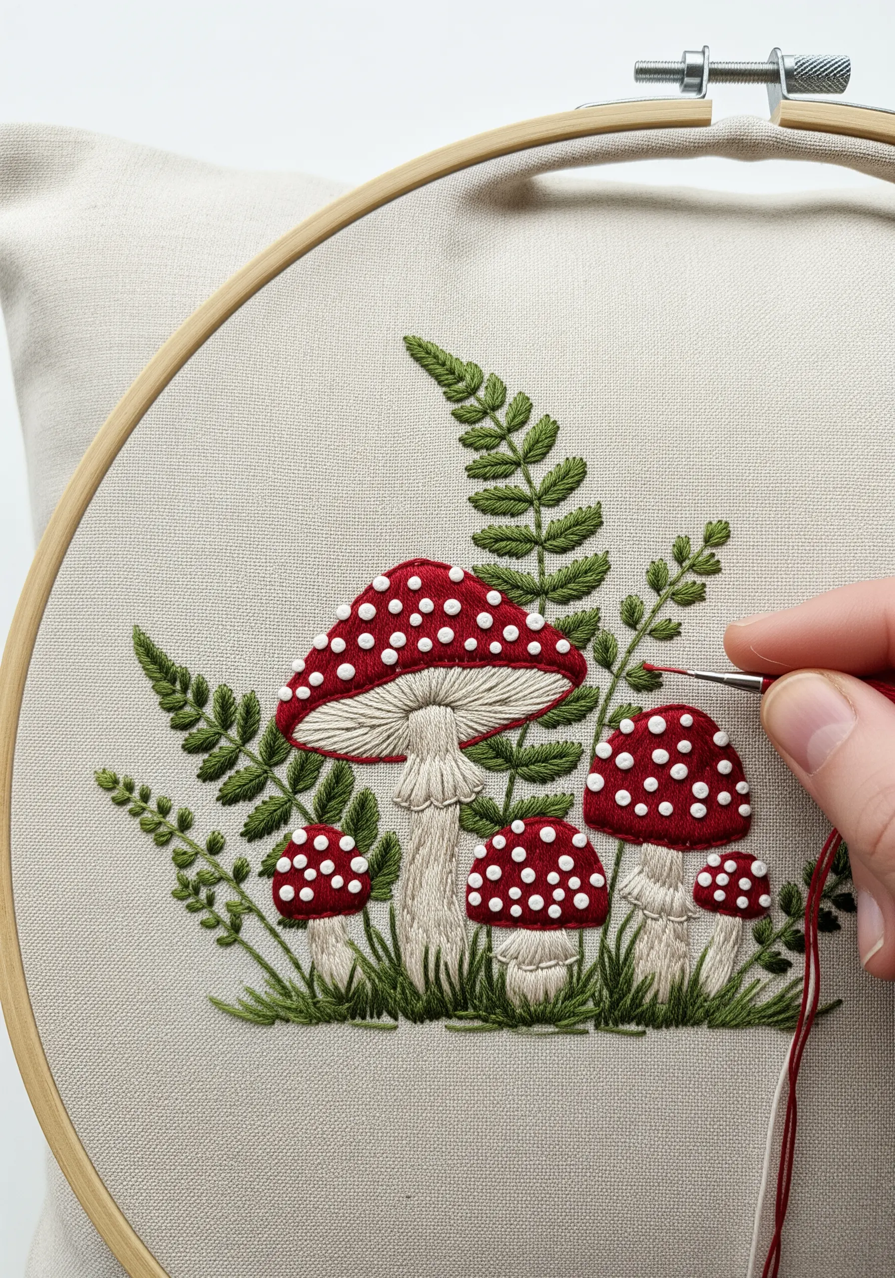 Embroidery hoop with red toadstool mushrooms and green ferns being stitched.