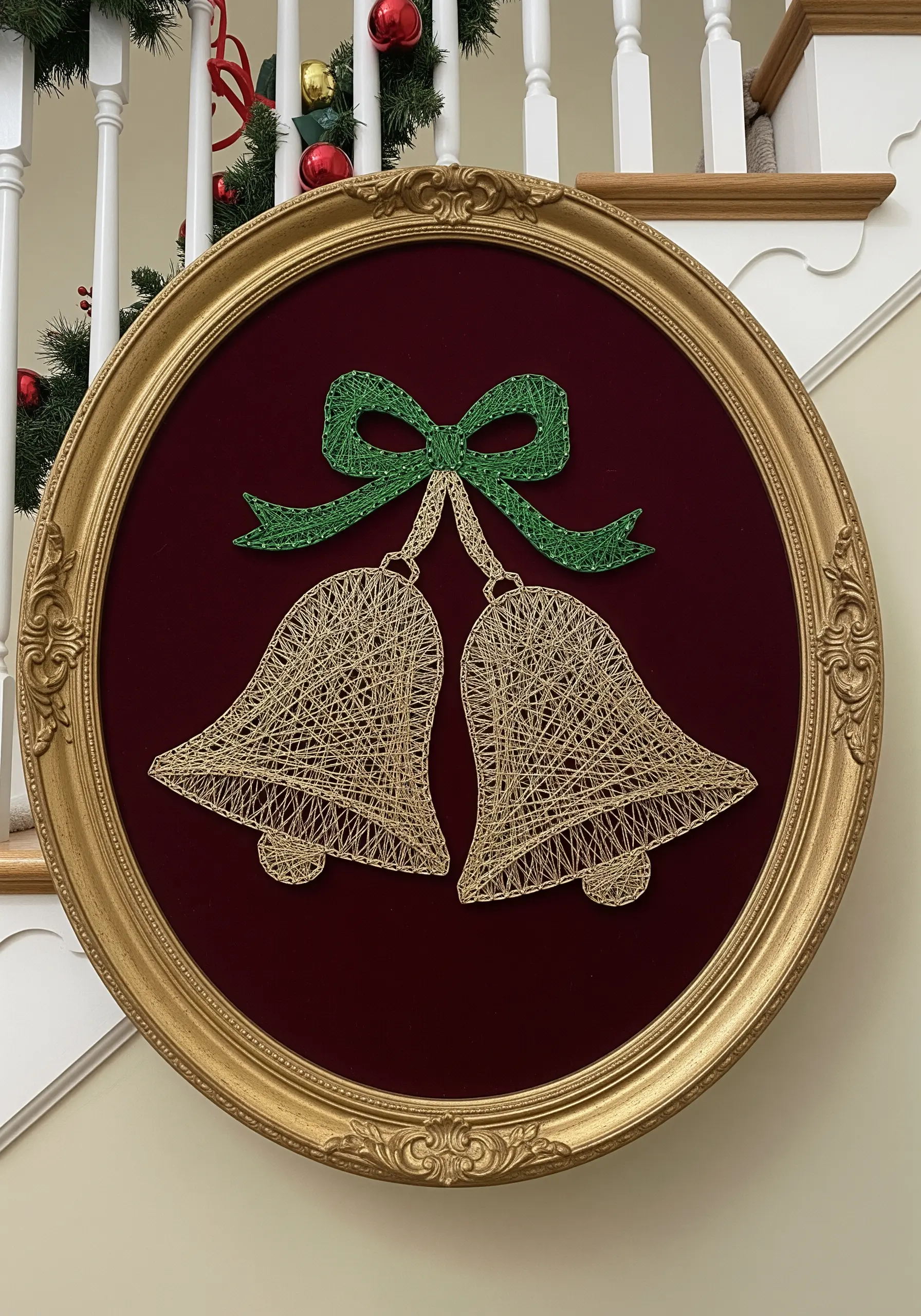 Gold string art Christmas bells with a green bow on a burgundy velvet background.