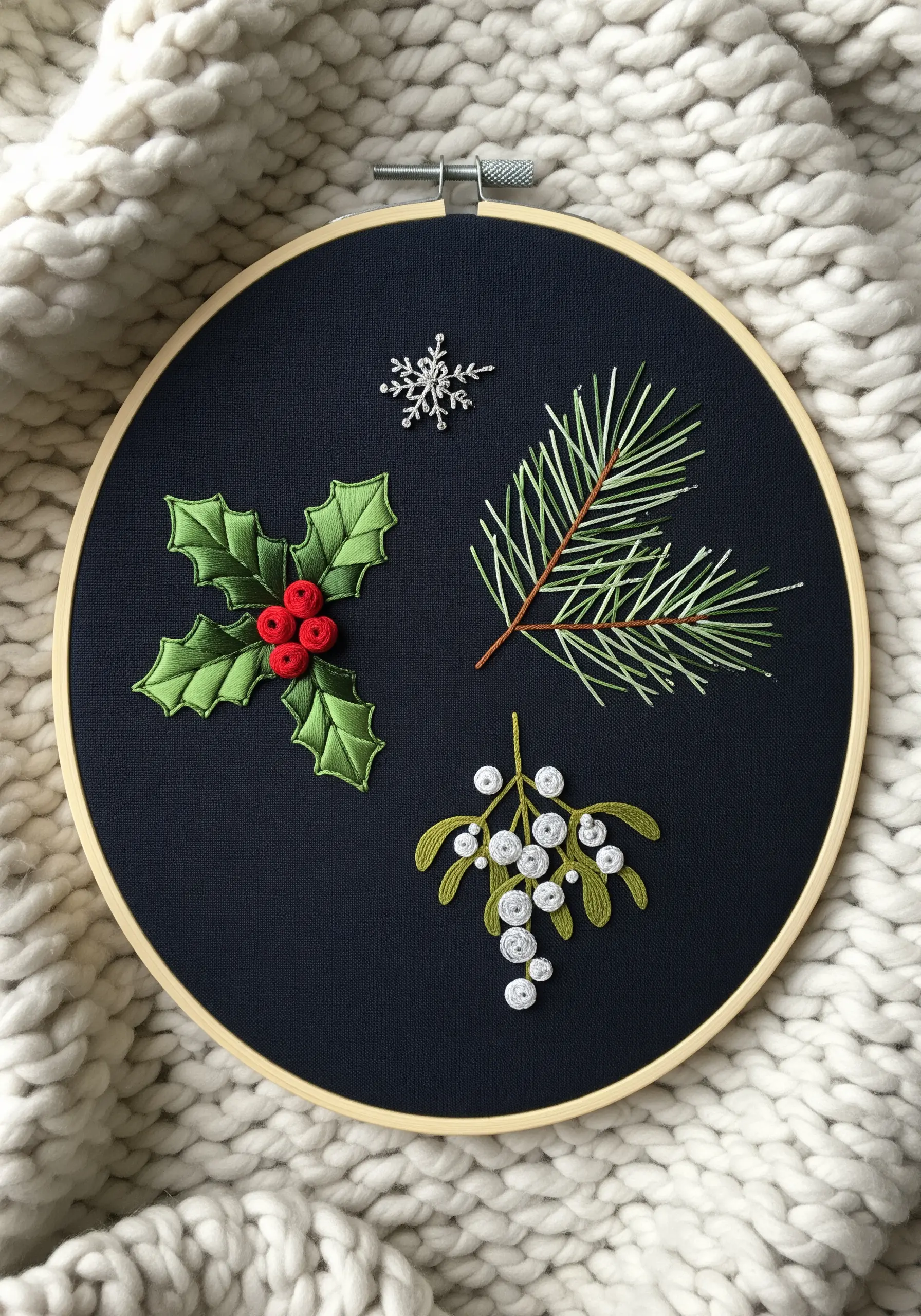 Embroidered holly, mistletoe, and pine branches on a dark navy background.