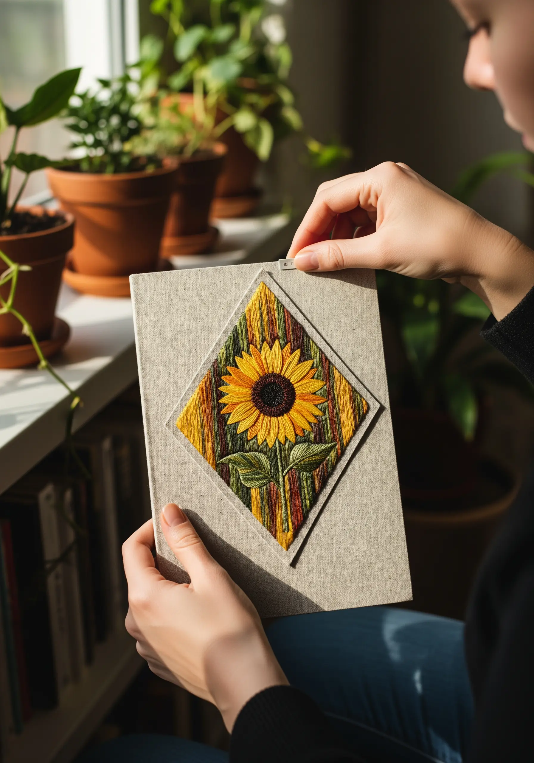 Embroidered sunflower framed in a diamond shape with variegated thread background.
