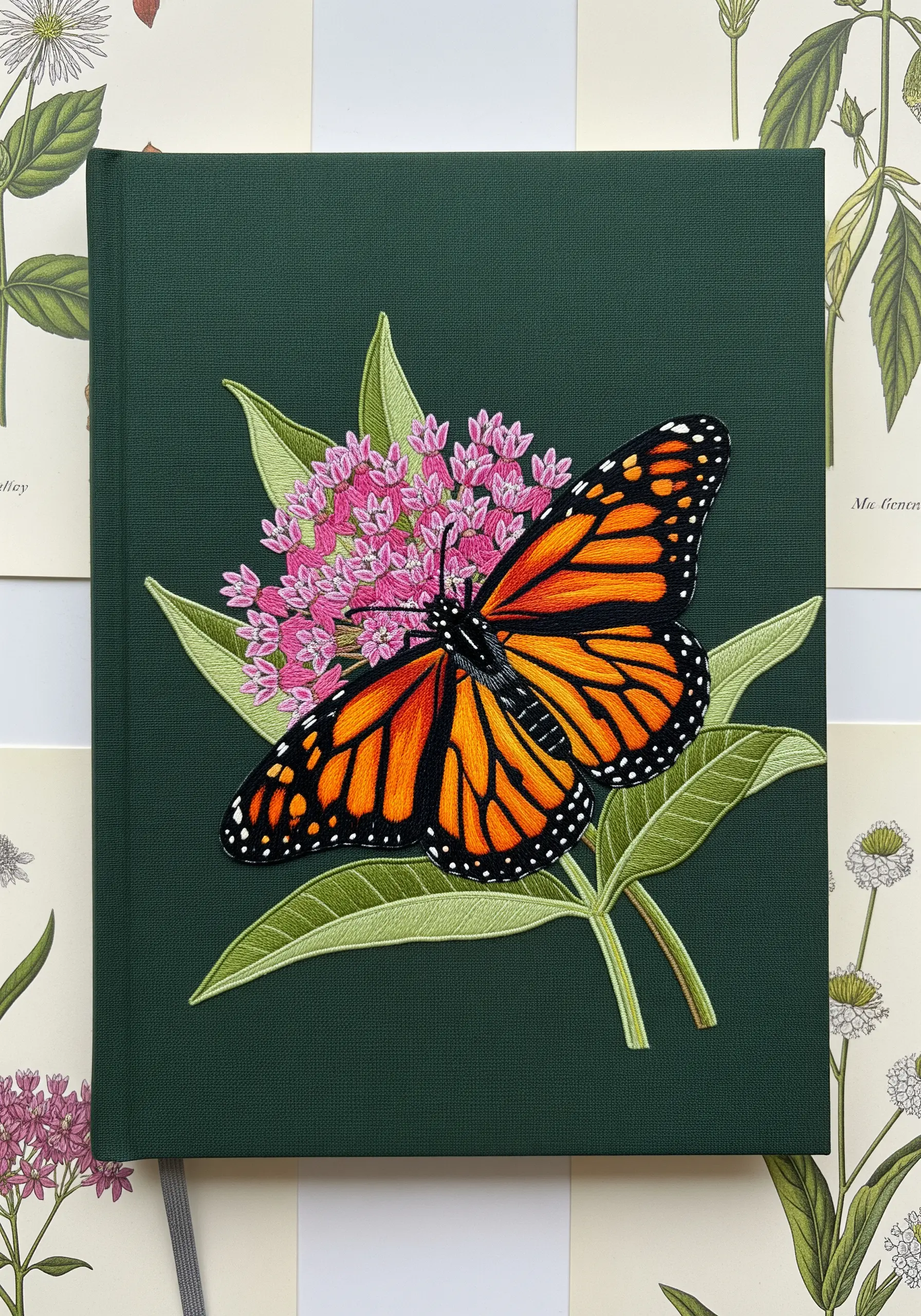 A highly detailed embroidered Monarch butterfly on pink milkweed flowers against a dark green background.