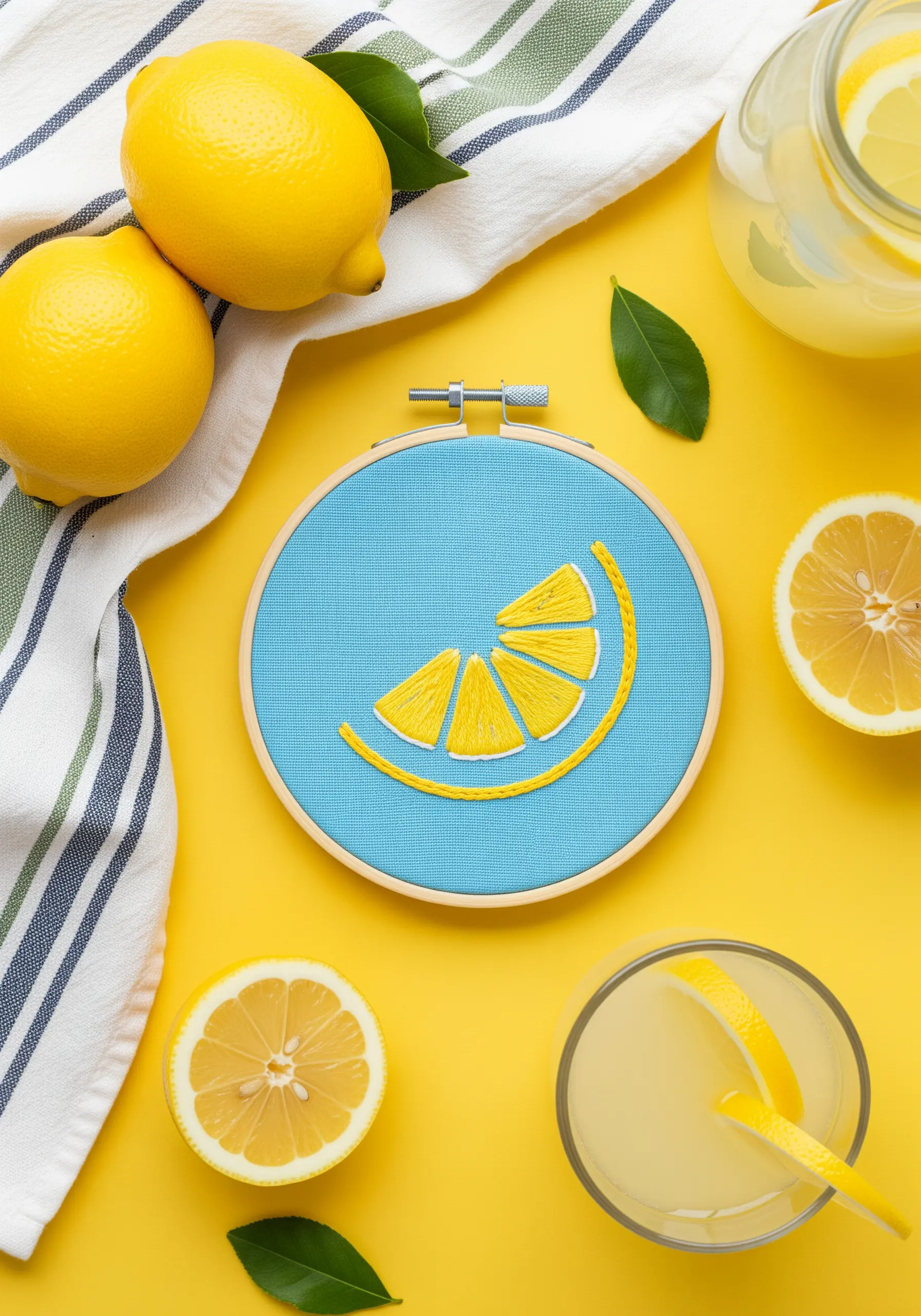A bright yellow embroidered lemon slice with clean satin stitch fills on blue fabric.