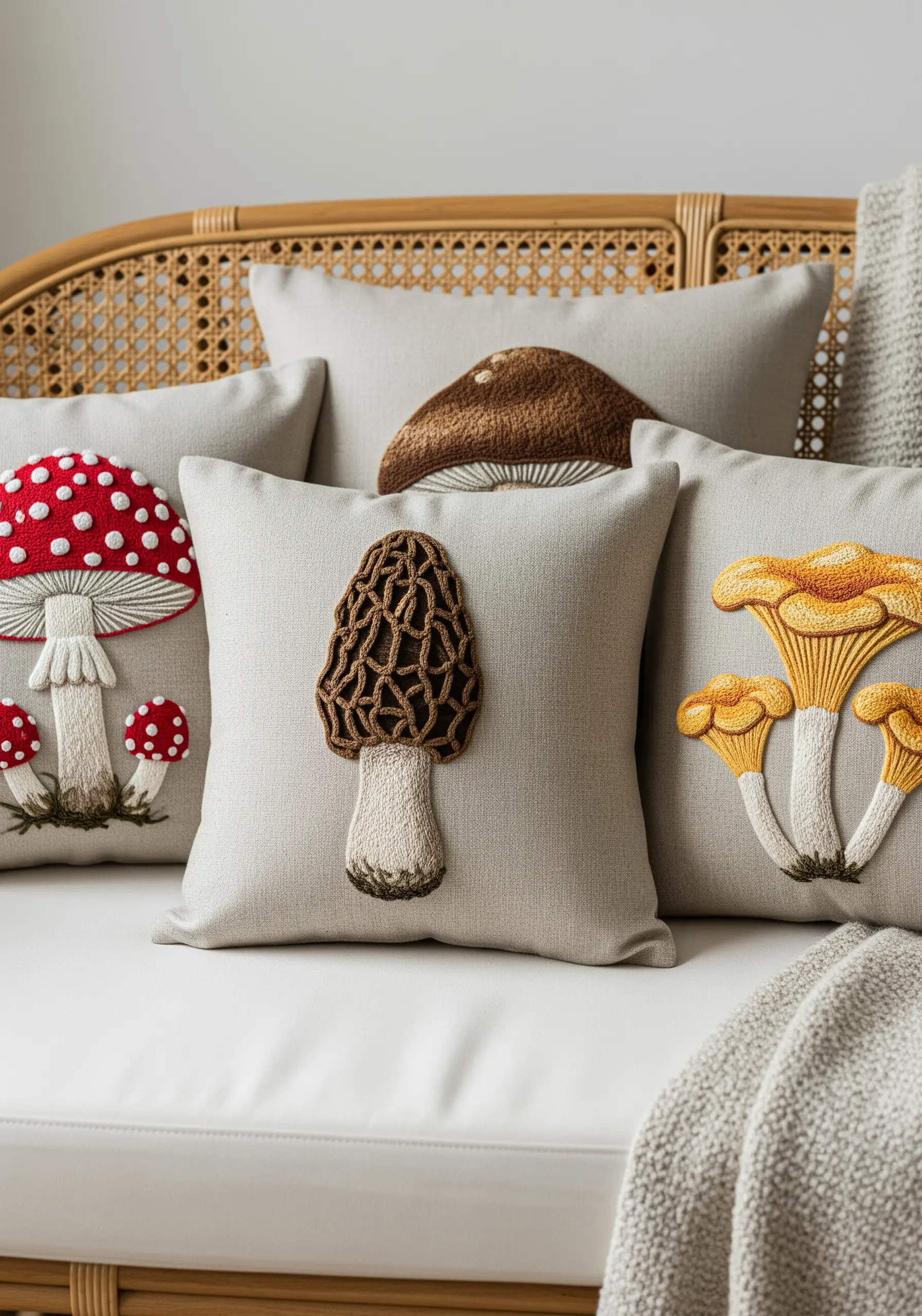 Neutral cushions with high-texture embroidered mushrooms using raised stitches.