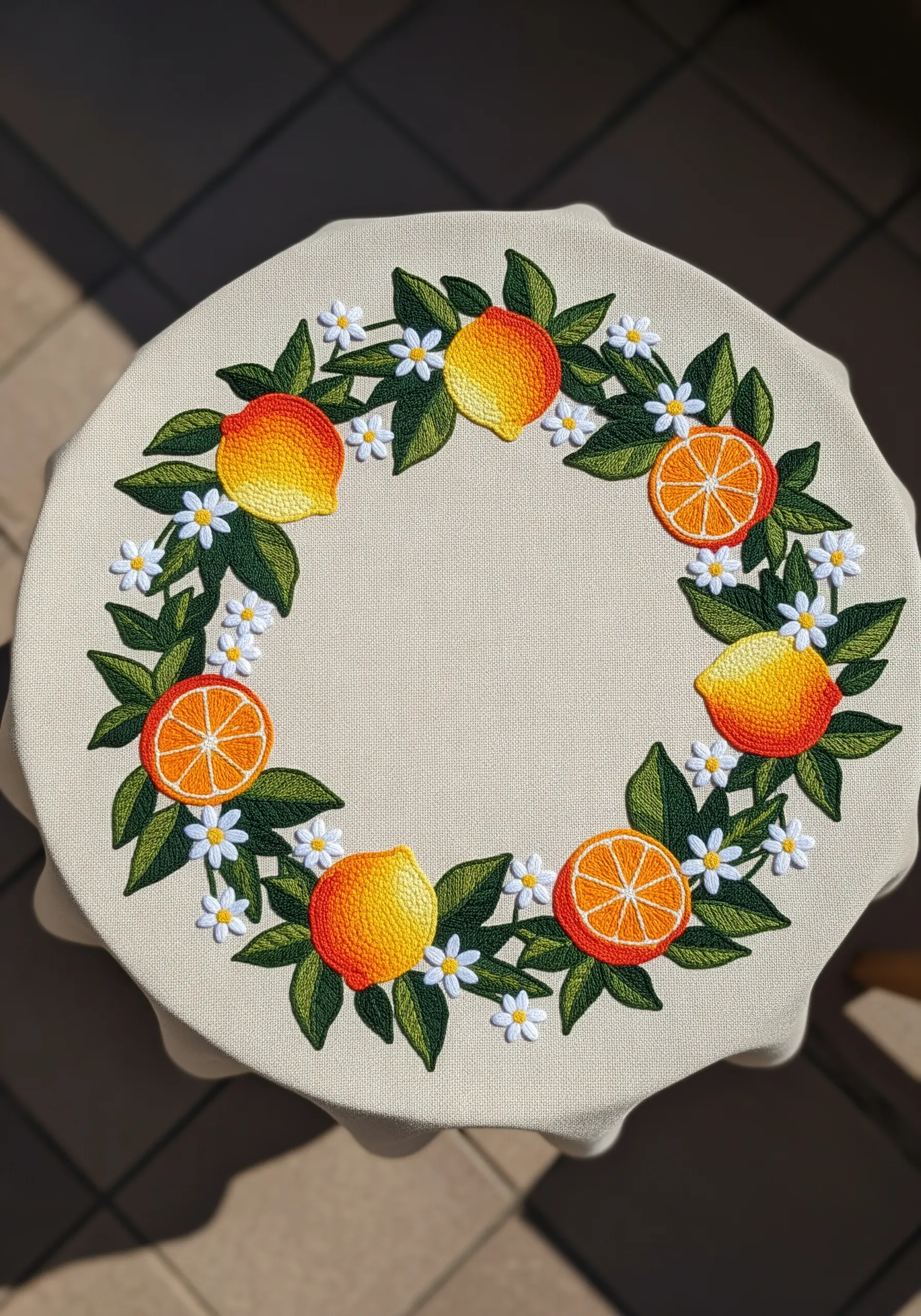 A round tablecloth with an embroidered wreath of realistically shaded lemons and daisies.