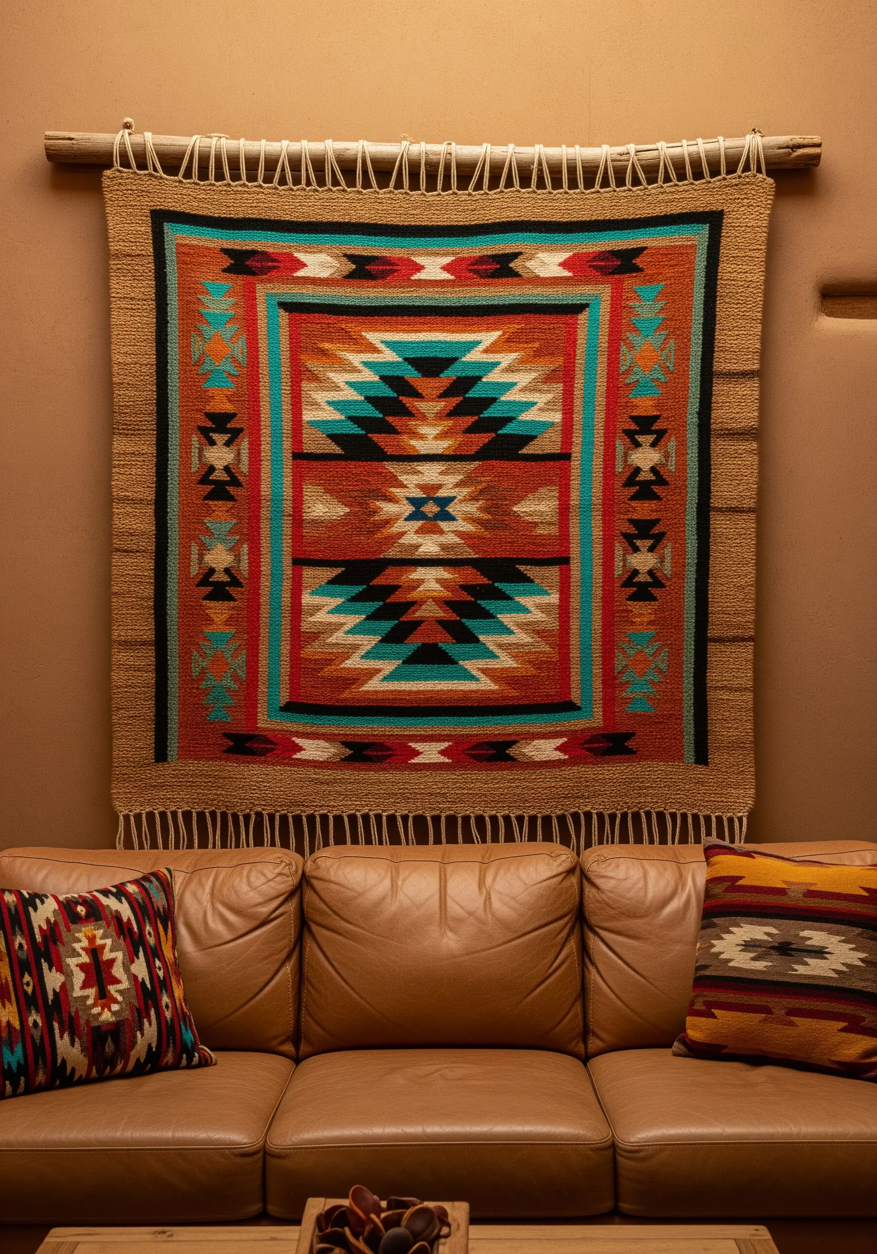 A large, woven-style tapestry with geometric Southwestern patterns in earthy tones.