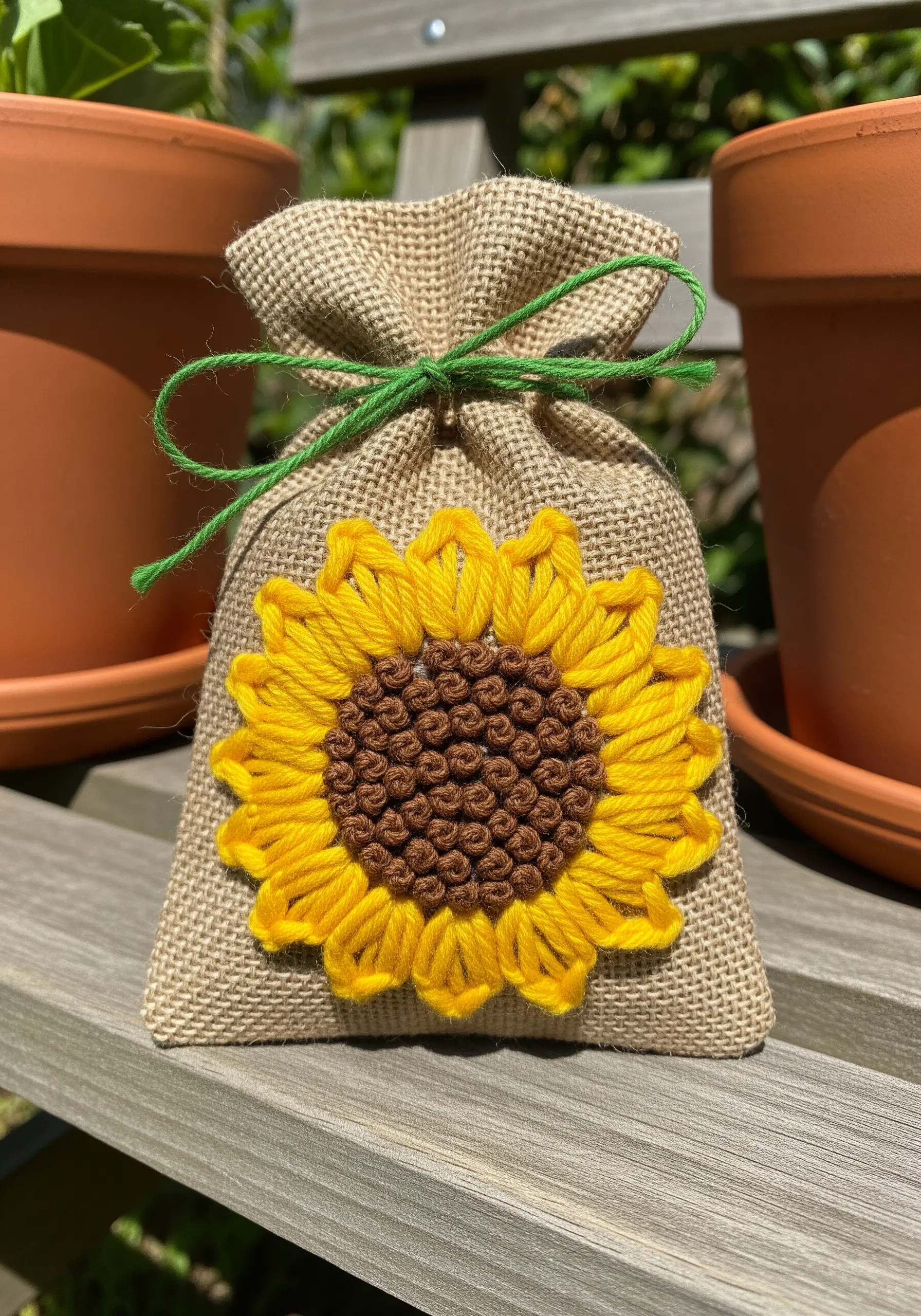 A chunky, textured sunflower embroidered on a rustic burlap drawstring bag.