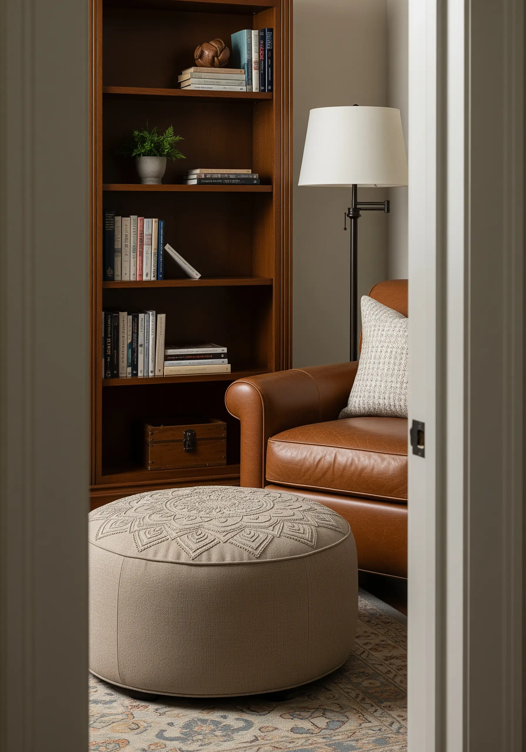 A large, tone-on-tone mandala embroidered onto the top of a round, neutral-colored ottoman.