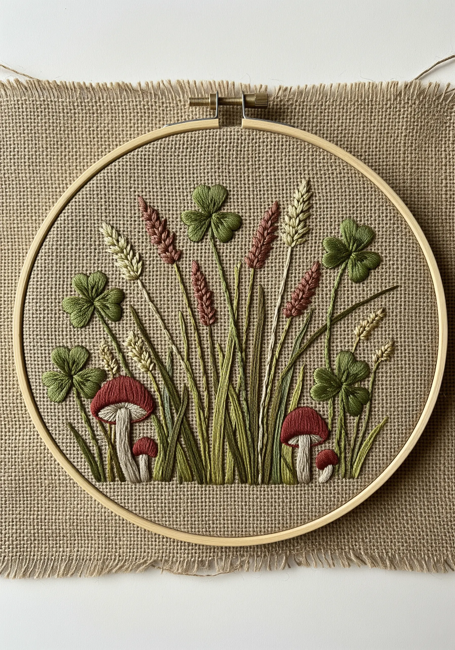 A vibrant meadow scene with mushrooms and clover embroidered on rustic burlap fabric.