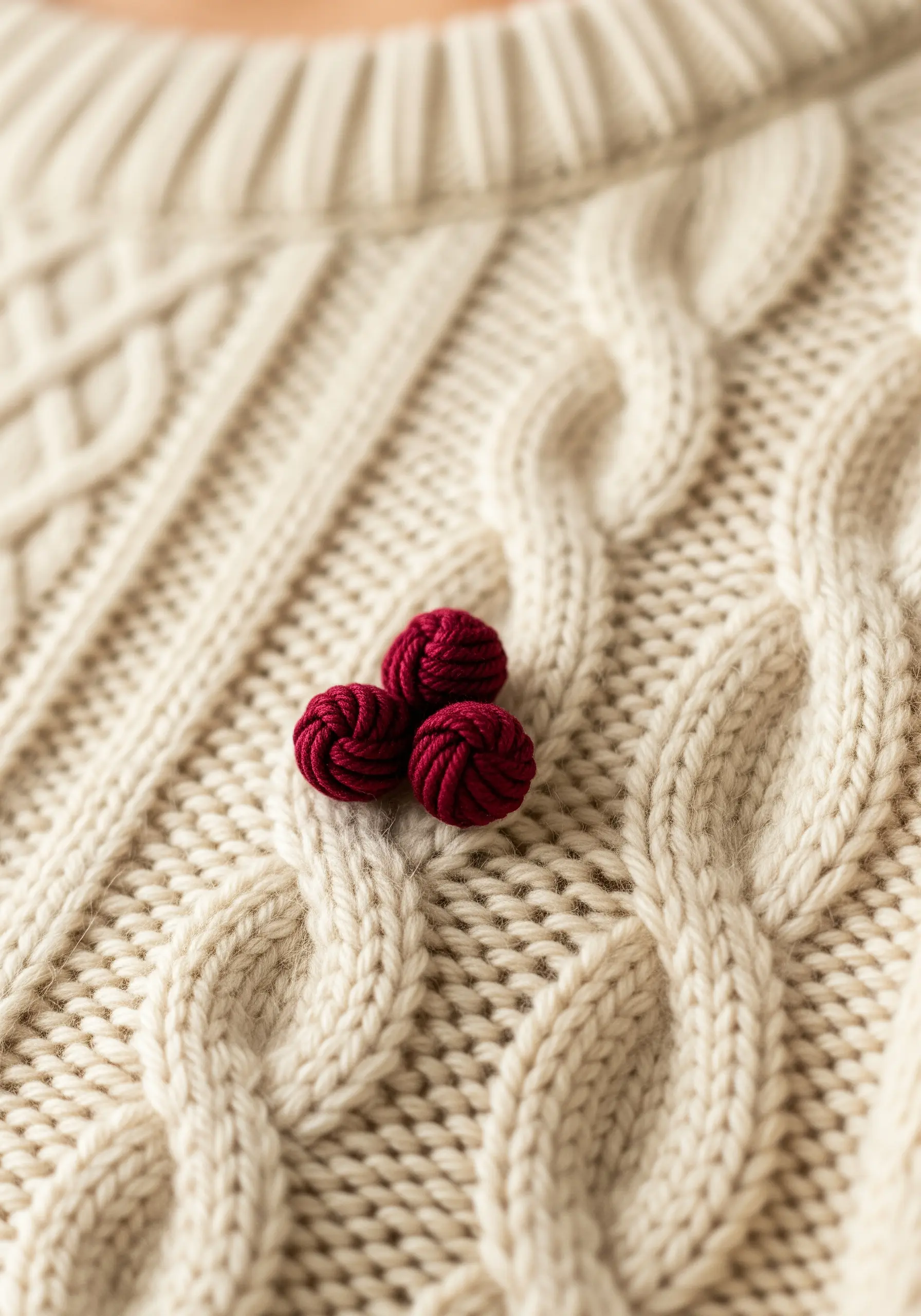 Three small, deep red bullion knots clustered together on a cream cable-knit sweater.