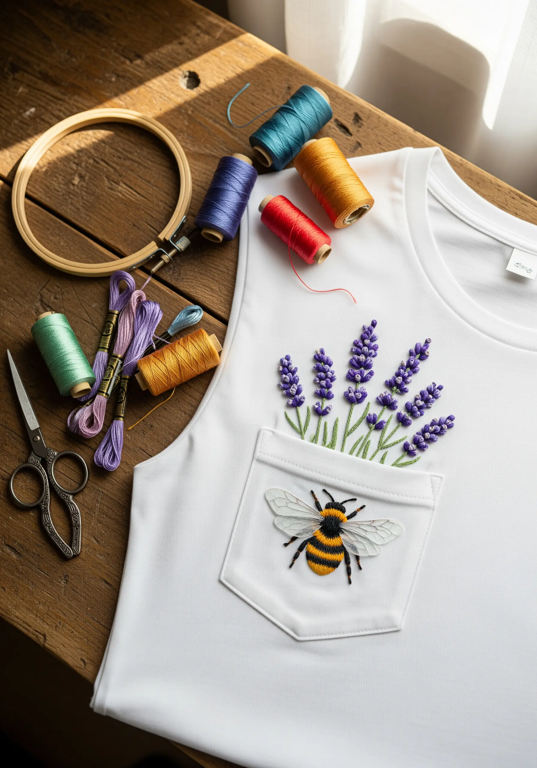 Embroidered lavender and a realistic bee with organza wings on a white shirt pocket.