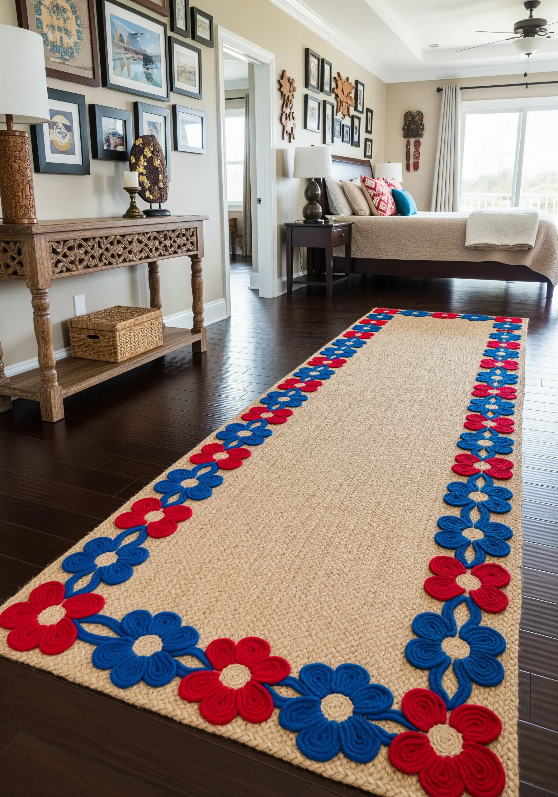 Jute floor runner with a bold, hand-stitched floral border in red and blue yarn.