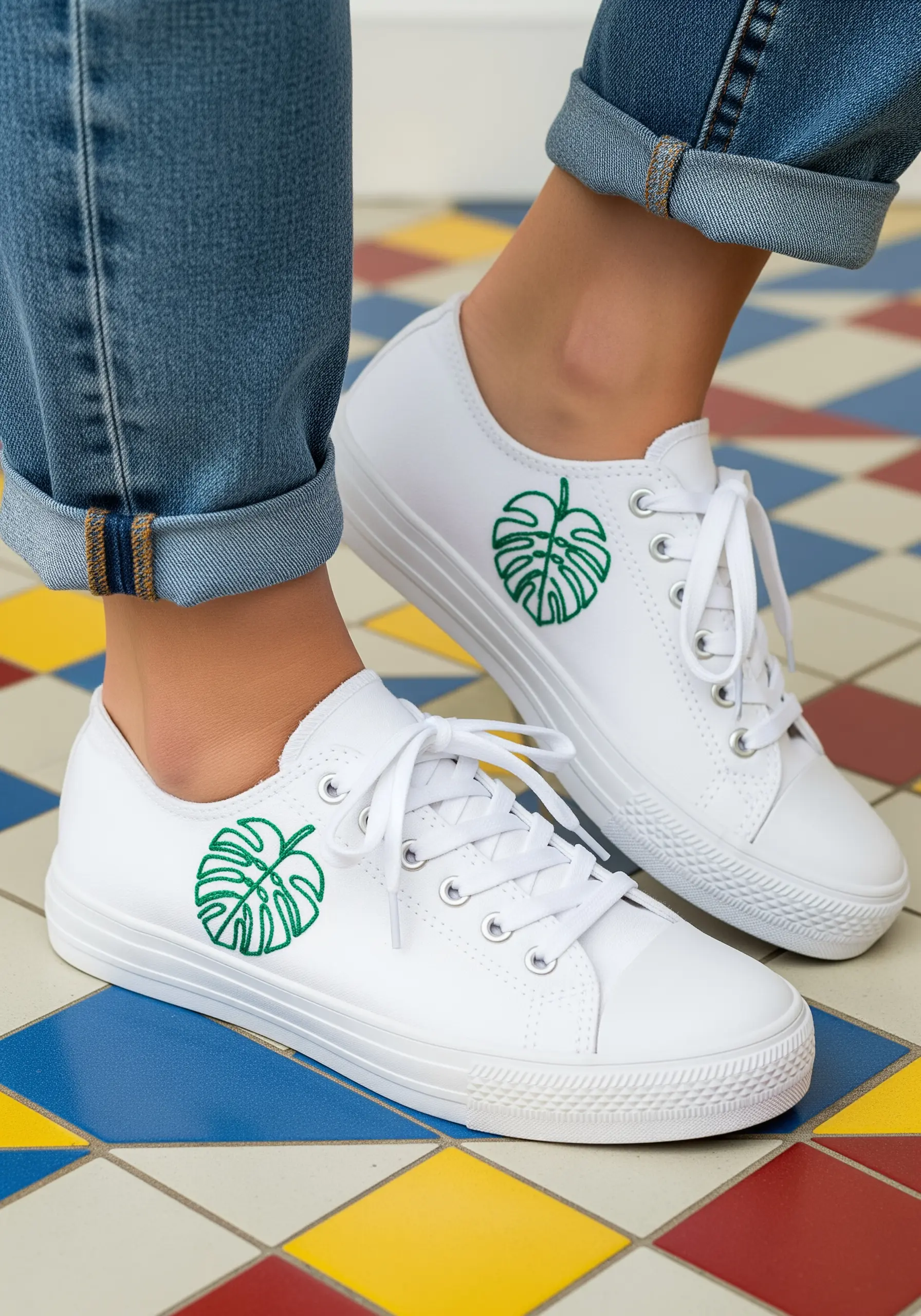 A simple green line-art Monstera leaf embroidered on the side of a white canvas sneaker.