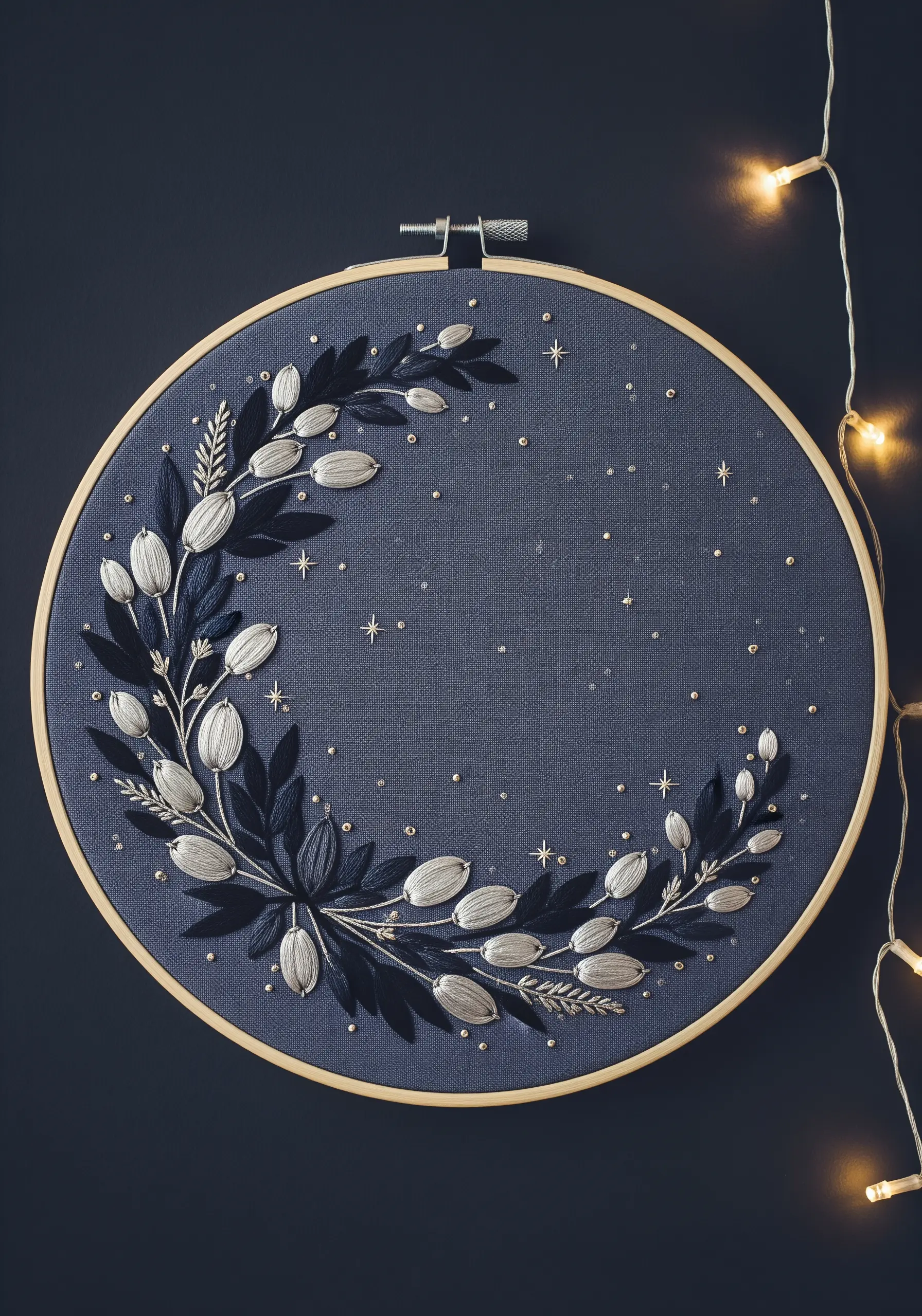 A celestial embroidery wreath with silver-white buds and tiny gold stars on navy fabric.