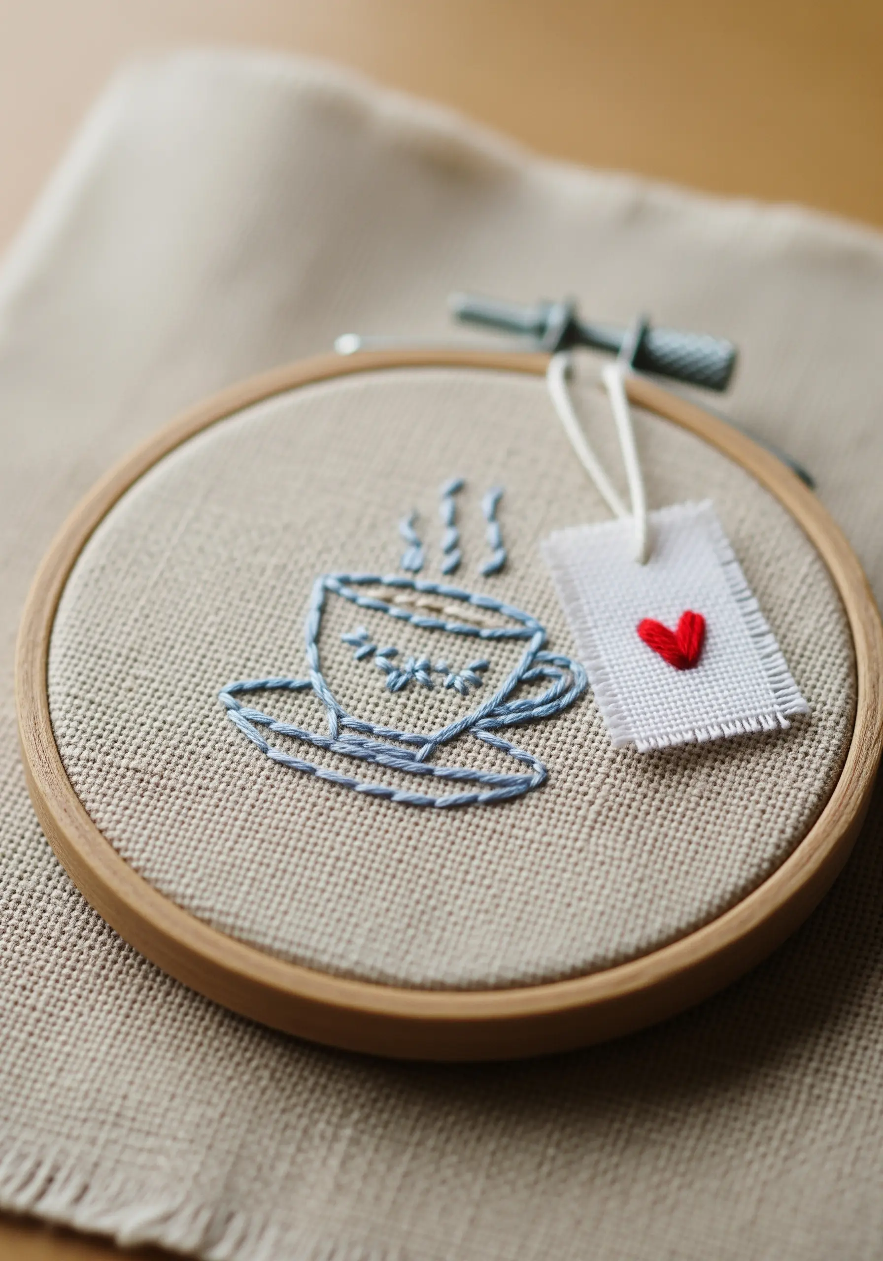 A backstitched teacup with a tiny, hanging fabric tag embroidered with a red heart.