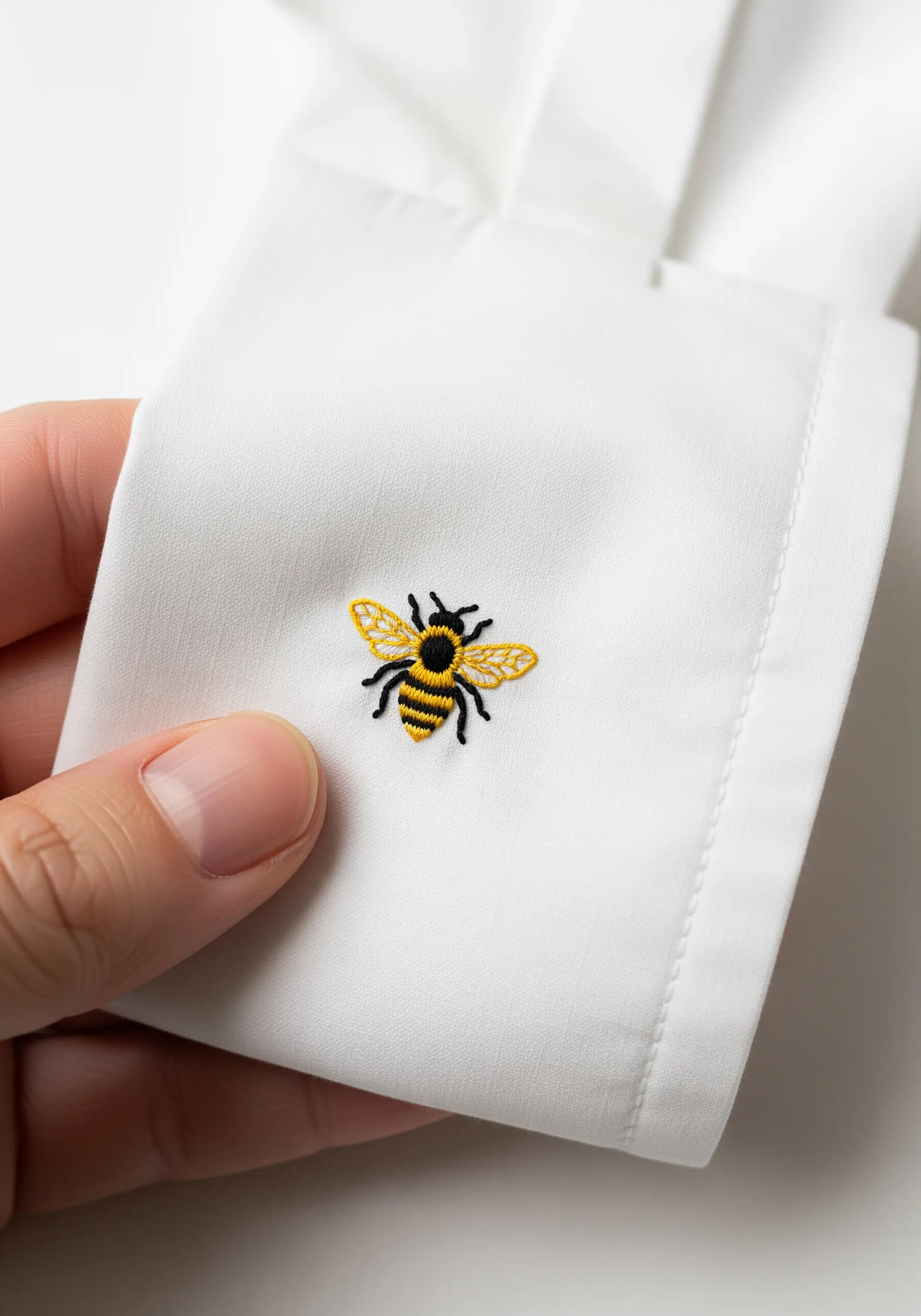 A tiny, detailed embroidered bee with yellow and black stripes stitched on a white shirt cuff.