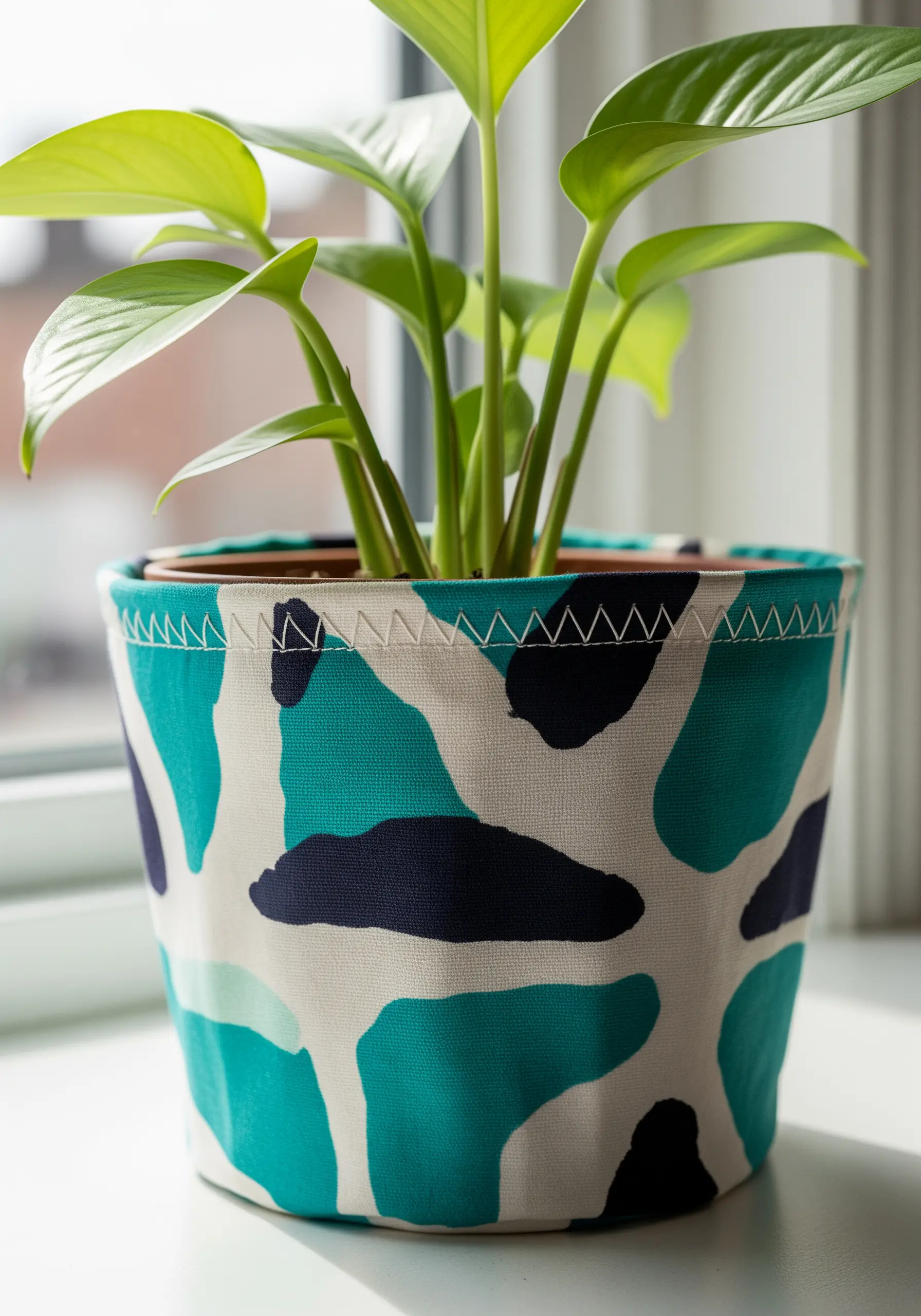 A fabric plant pot cover with a modern blue and green pattern, finished with a white zigzag topstitch.