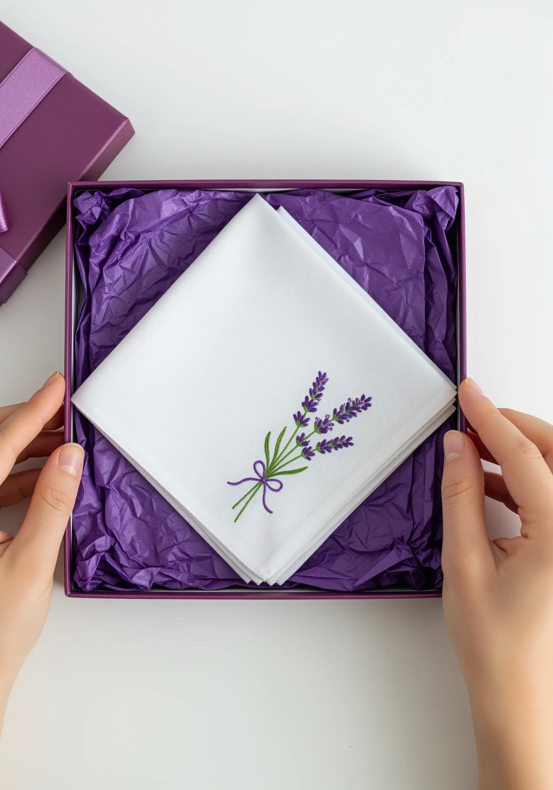 A delicate lavender bouquet with a bow embroidered on the corner of a white handkerchief.