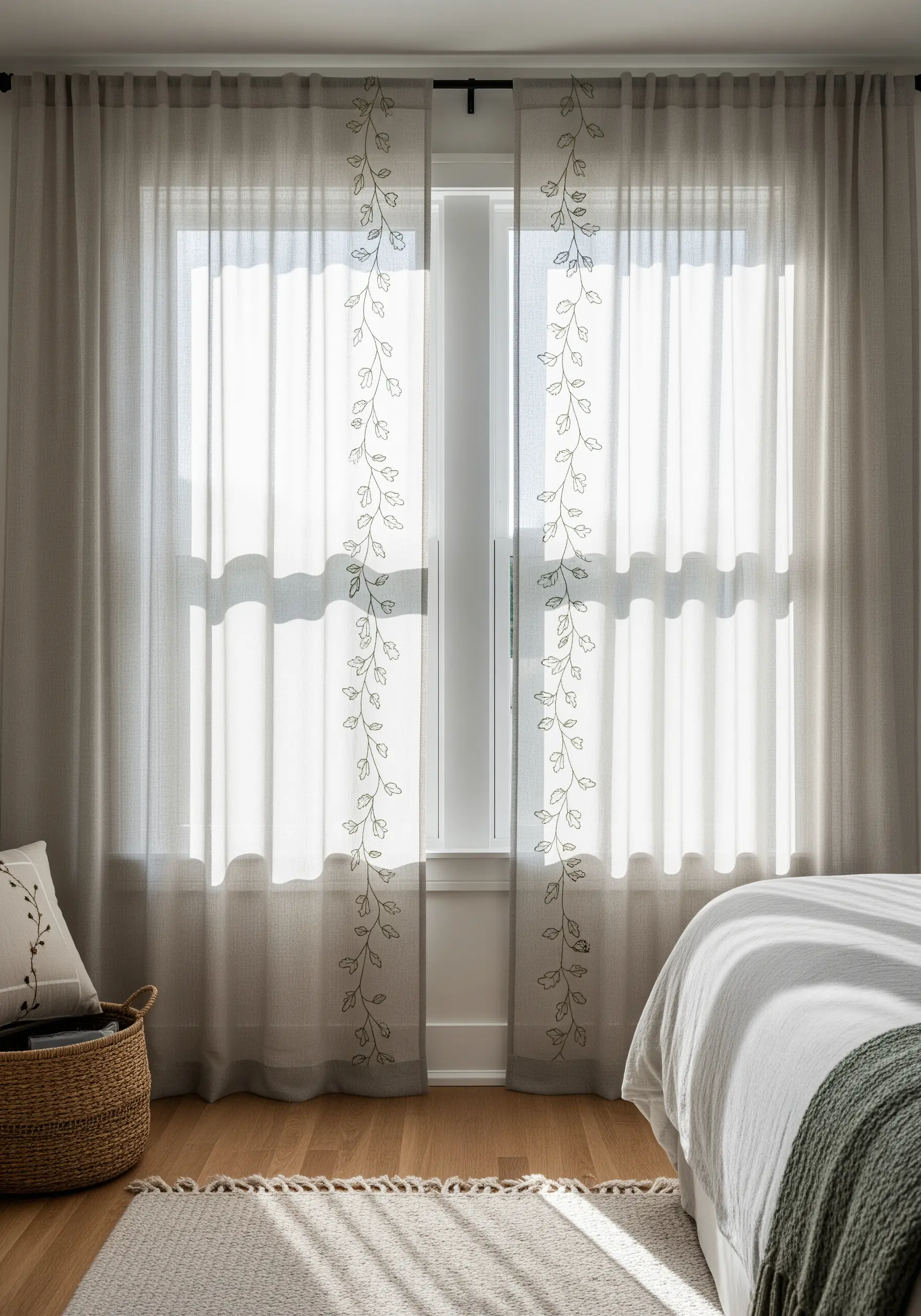Sheer curtains with a delicate embroidered vine and leaf pattern running vertically along the inner edges.