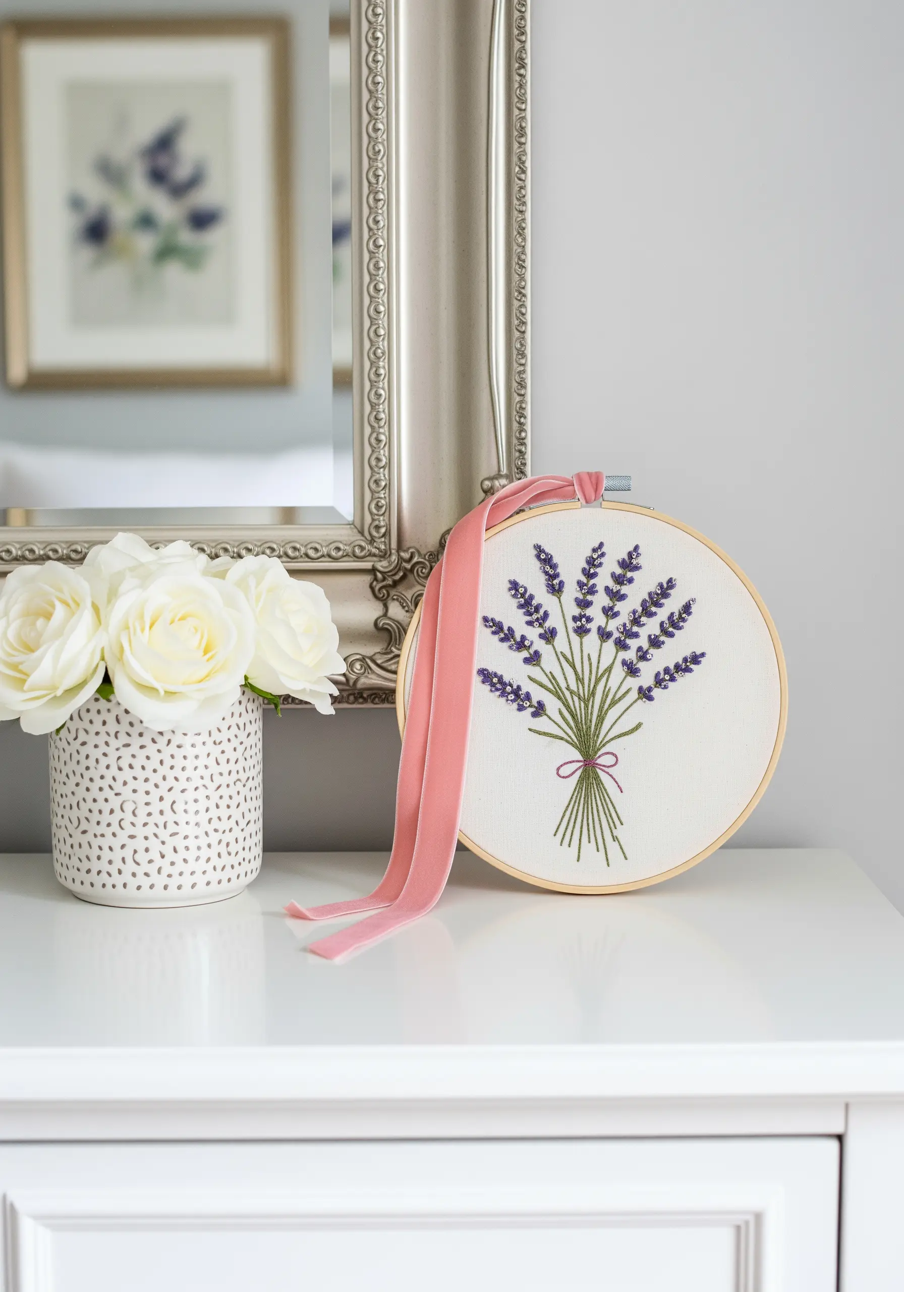 A lavender bouquet embroidered in a hoop, with a pink velvet ribbon tied to the top.