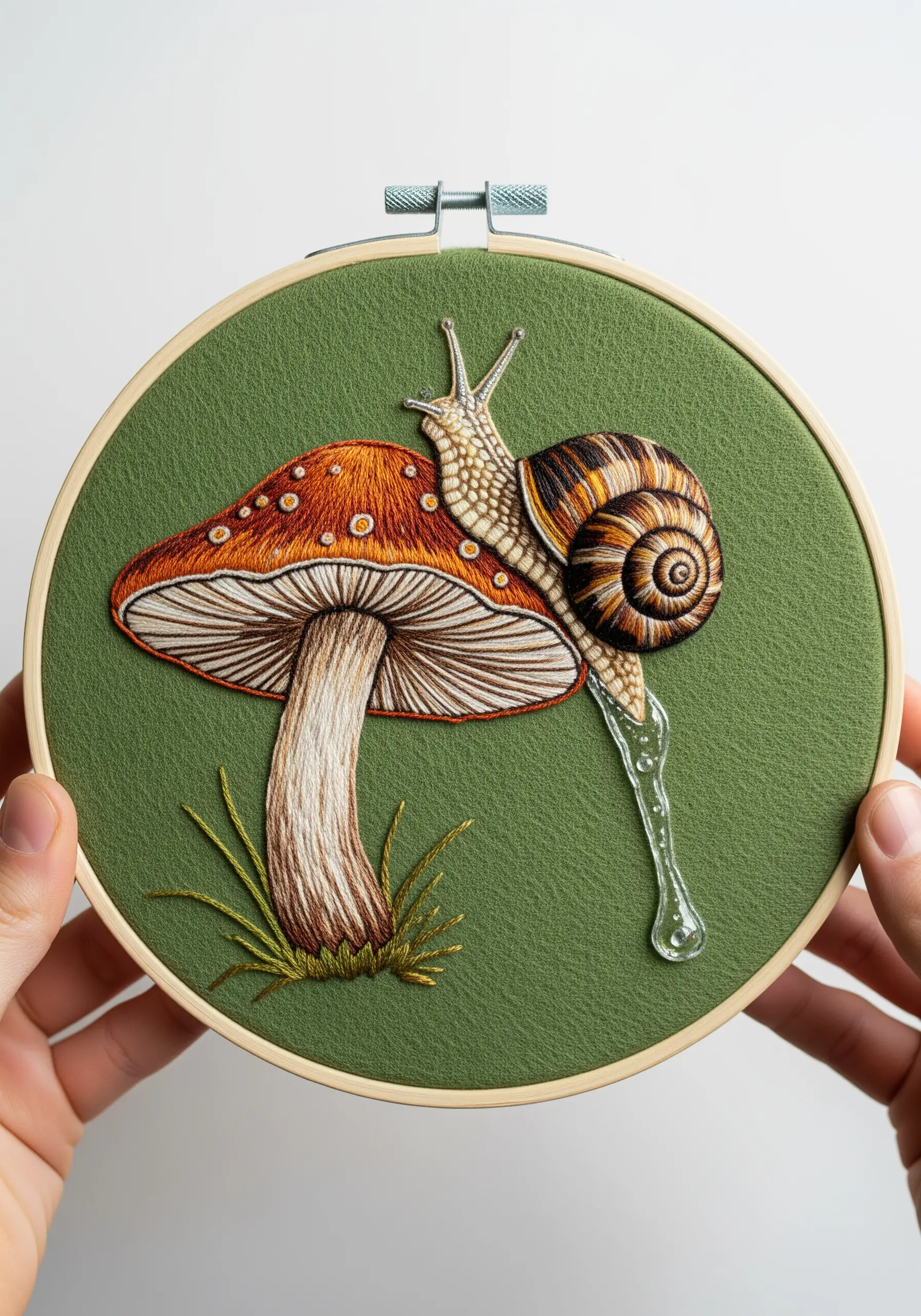 Embroidered snail on a mushroom with a clear, glossy resin slime trail.