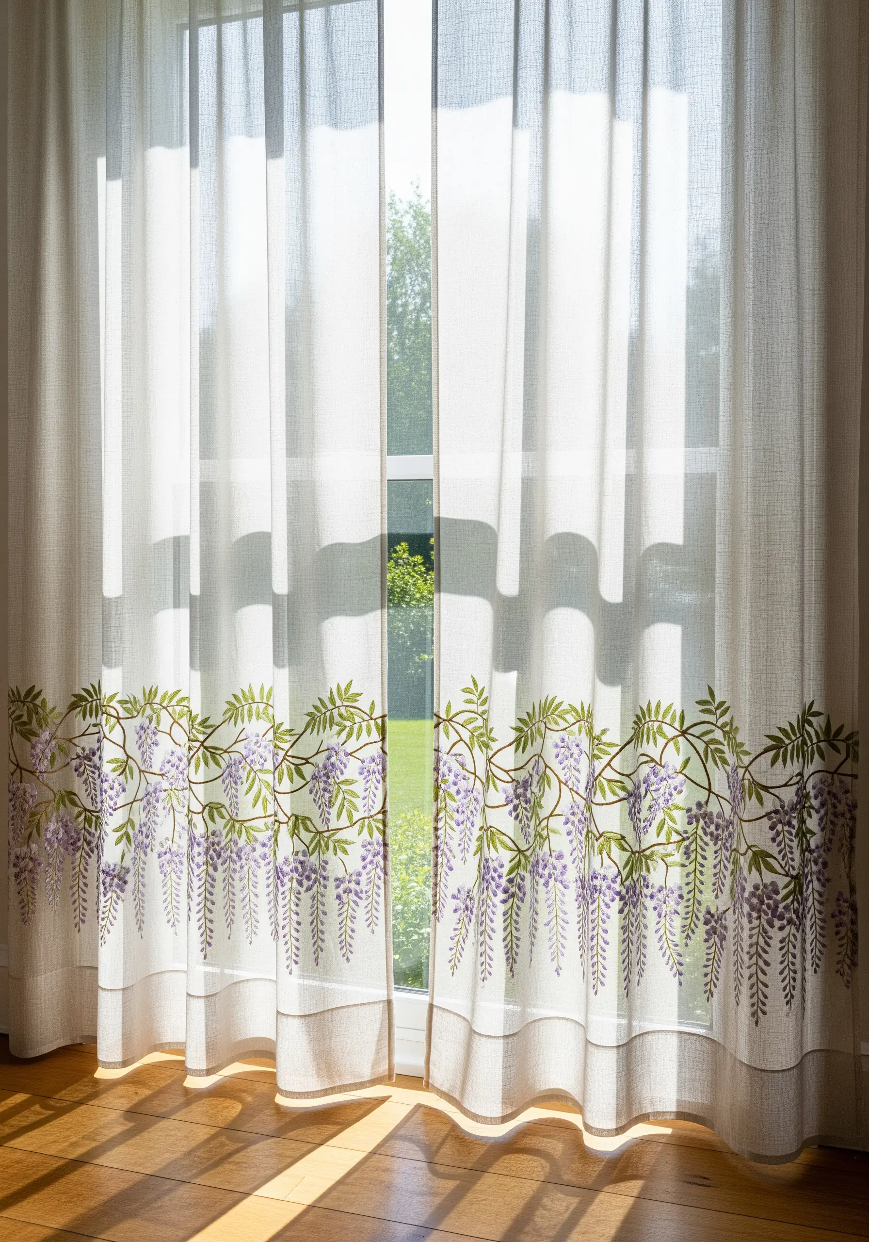 Cascading purple wisteria flowers embroidered along the bottom of sheer white curtains.
