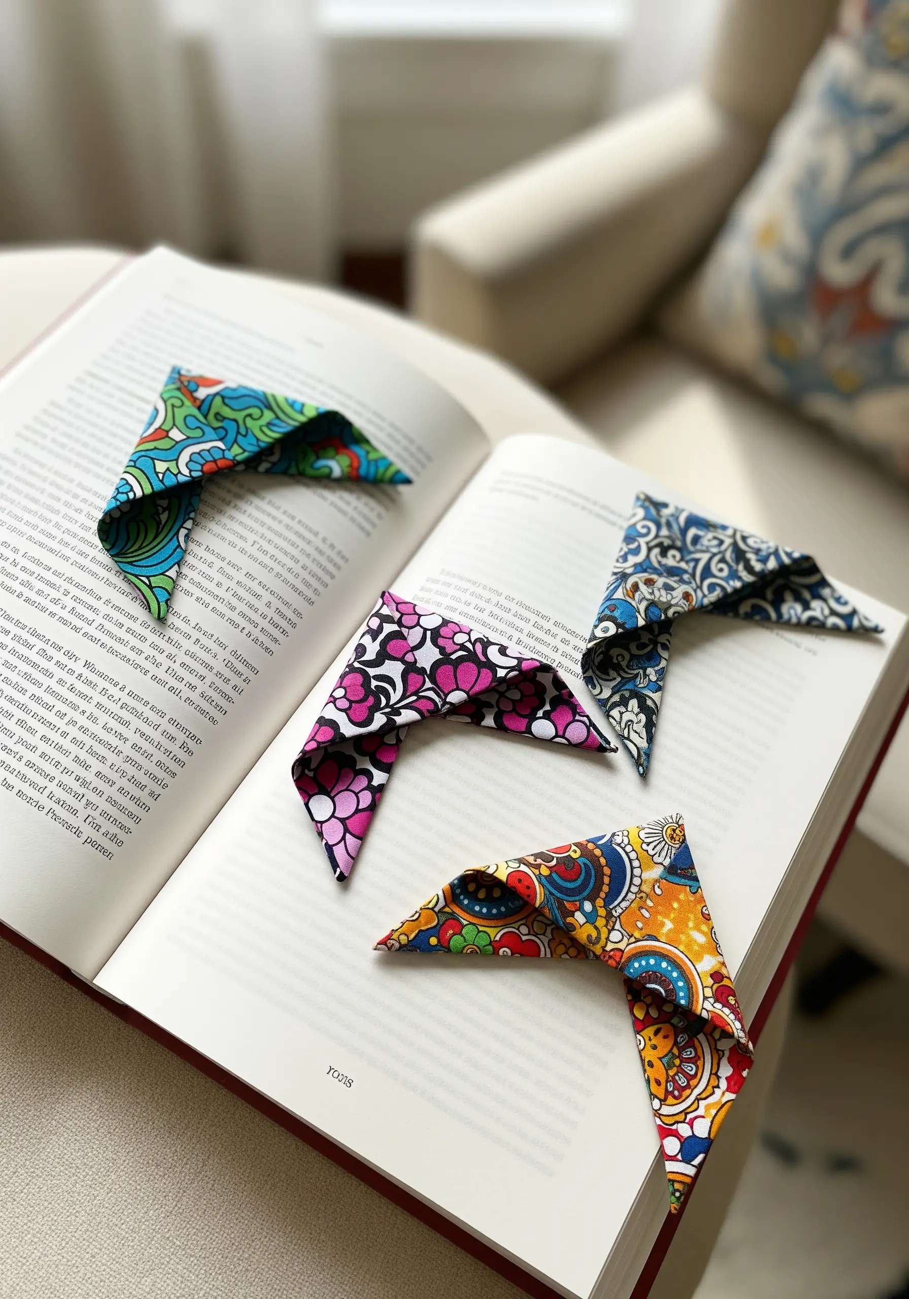 Three colorful, patterned fabric corner bookmarks tucked onto the pages of an open book.