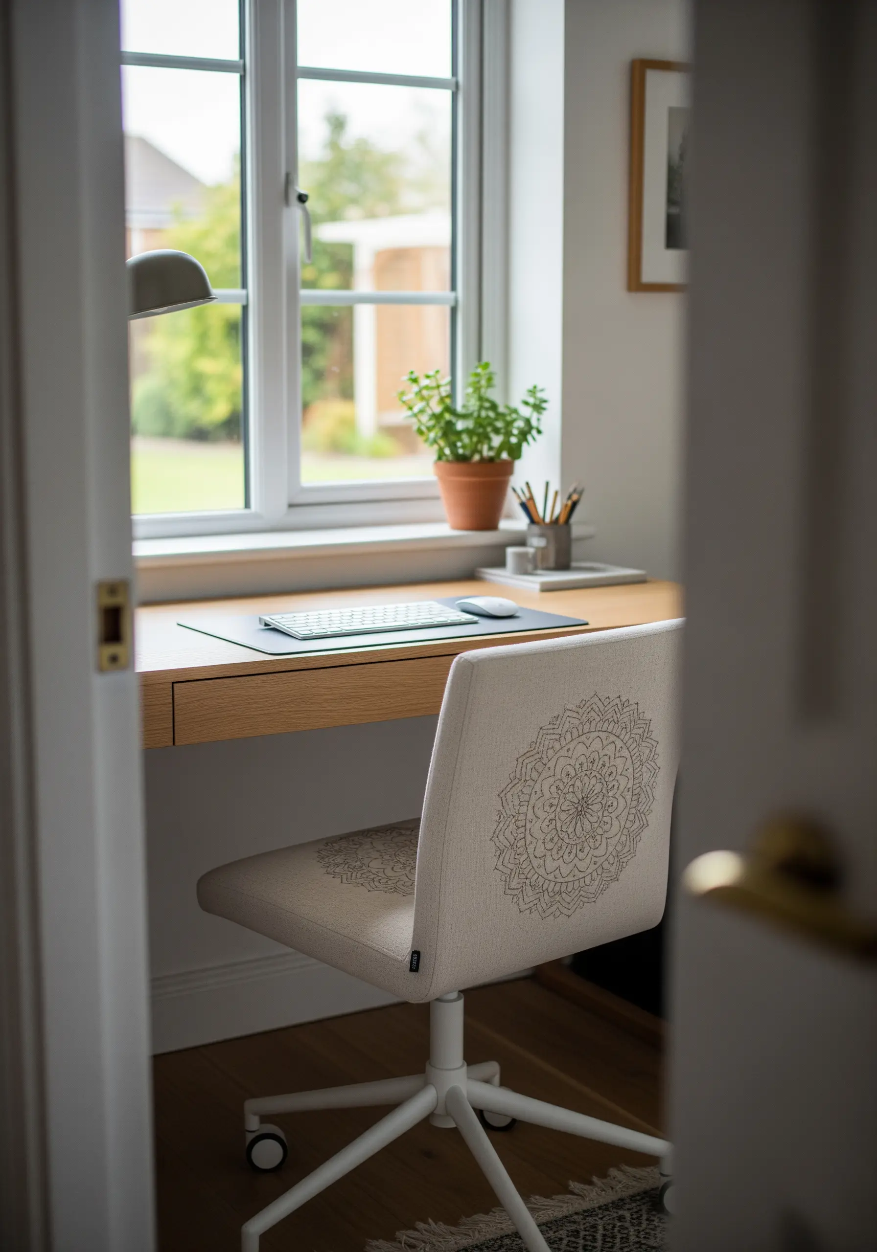 A simple line-art mandala embroidered onto the back of a neutral-toned office chair.