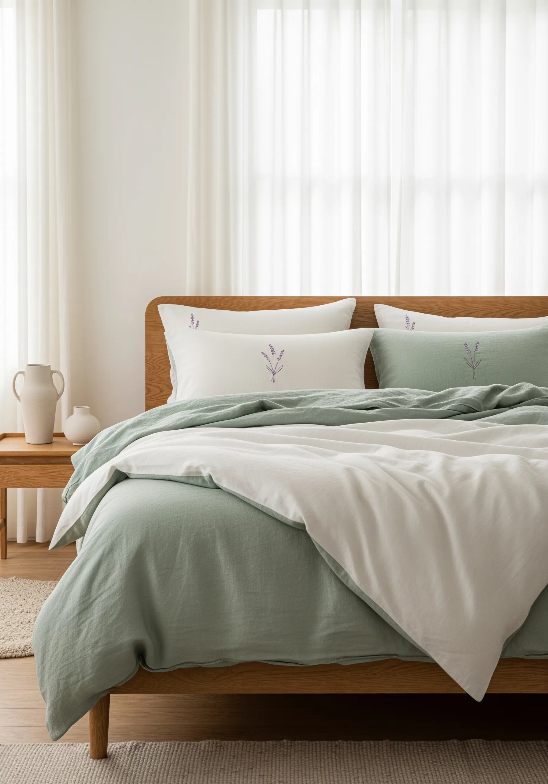 Delicate purple lavender sprigs embroidered on white and sage green pillowcases.