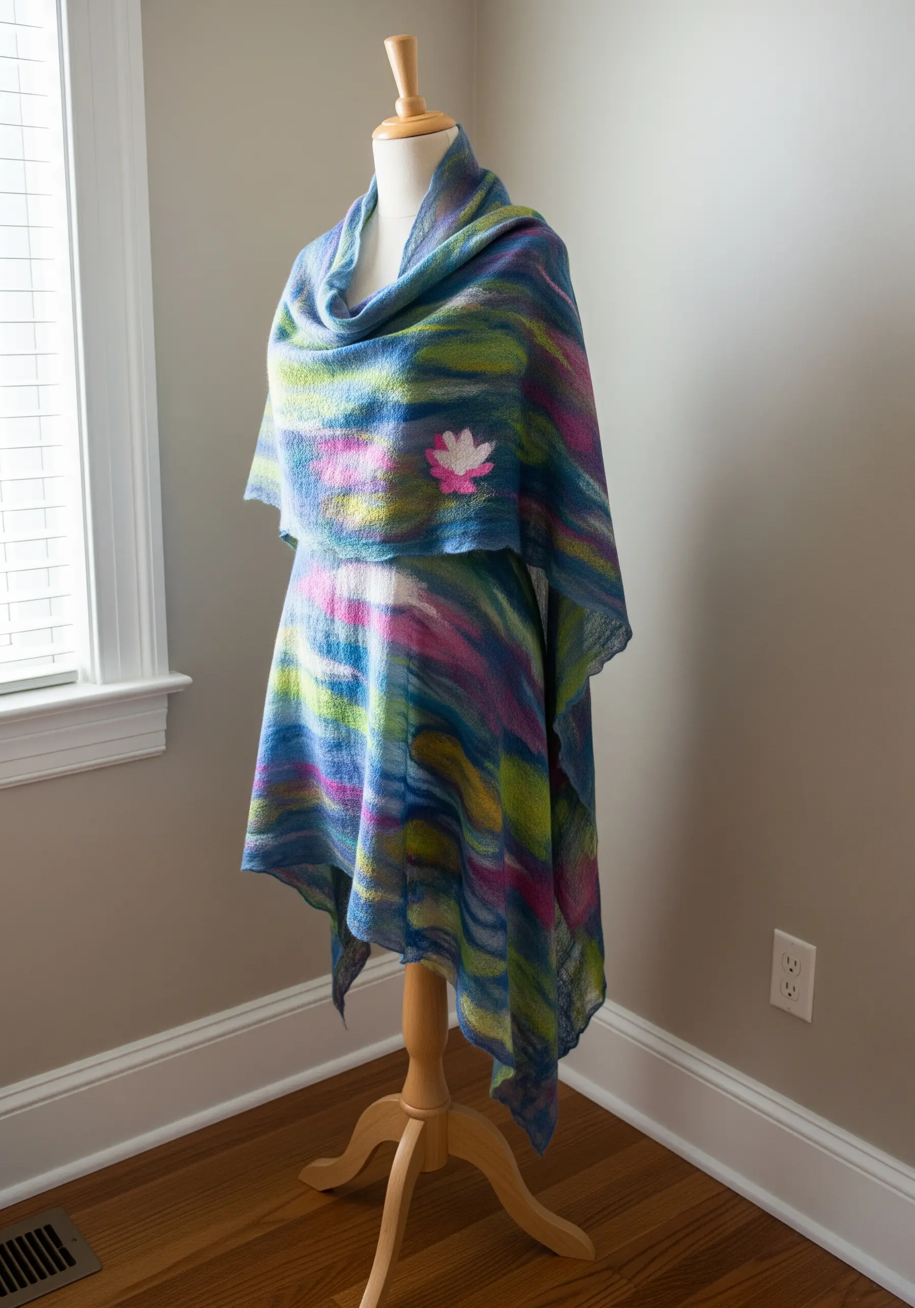 A soft, colorful hand-dyed shawl on a mannequin, with a single, small embroidered pink lotus flower.