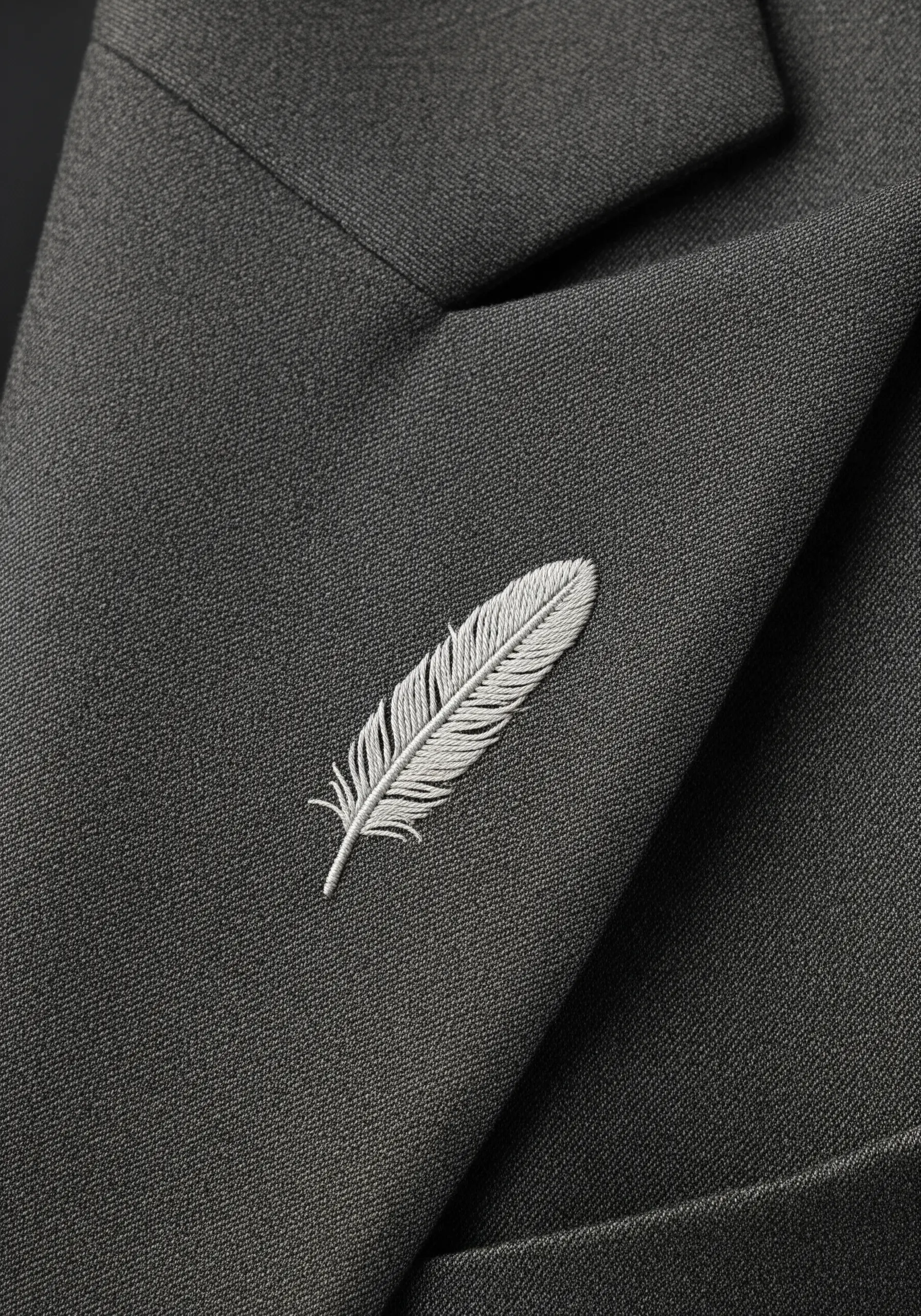 A delicate white feather embroidered on the lapel of a dark gray blazer.