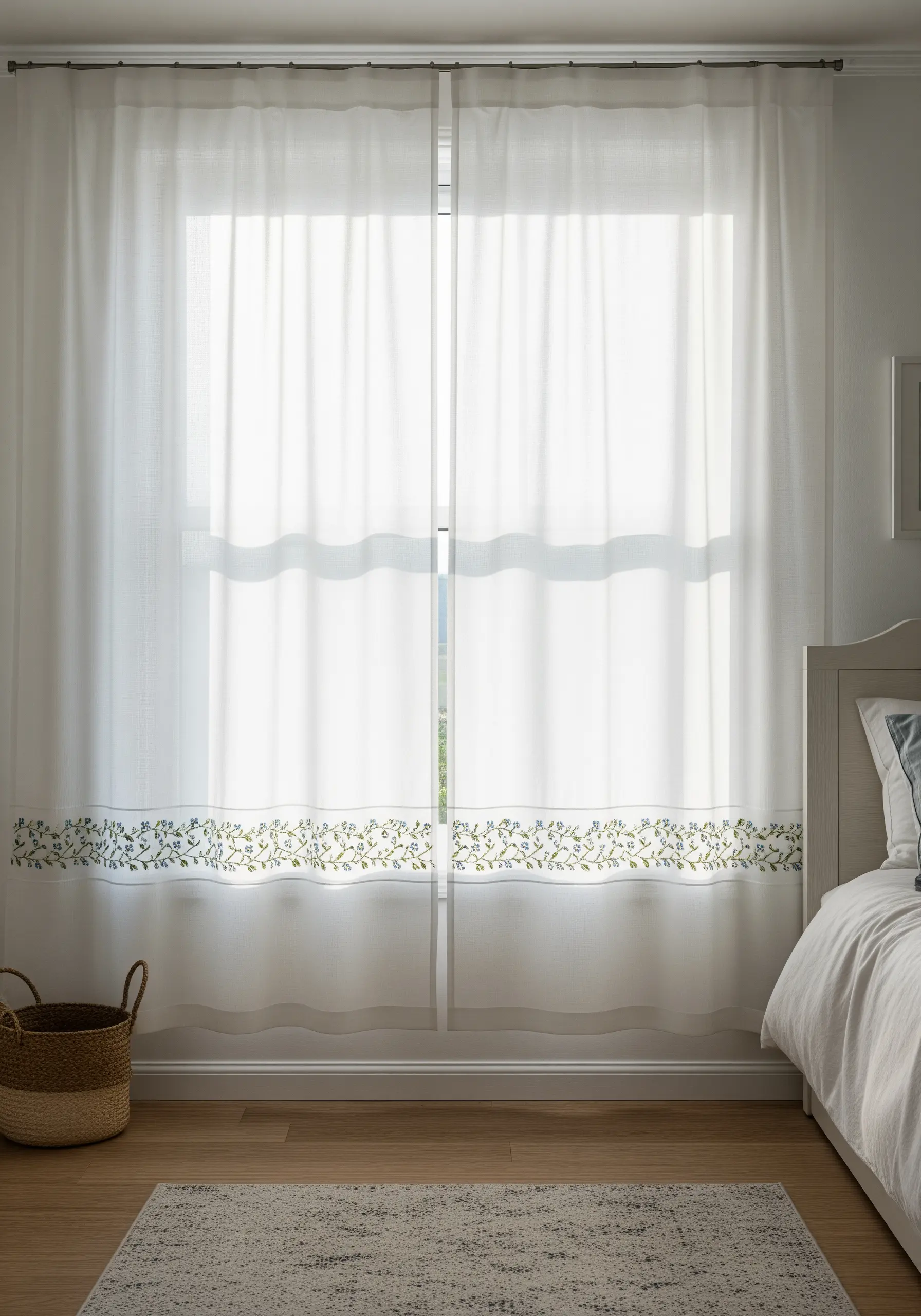 A delicate green and blue floral vine embroidered along the bottom of sheer white curtains.