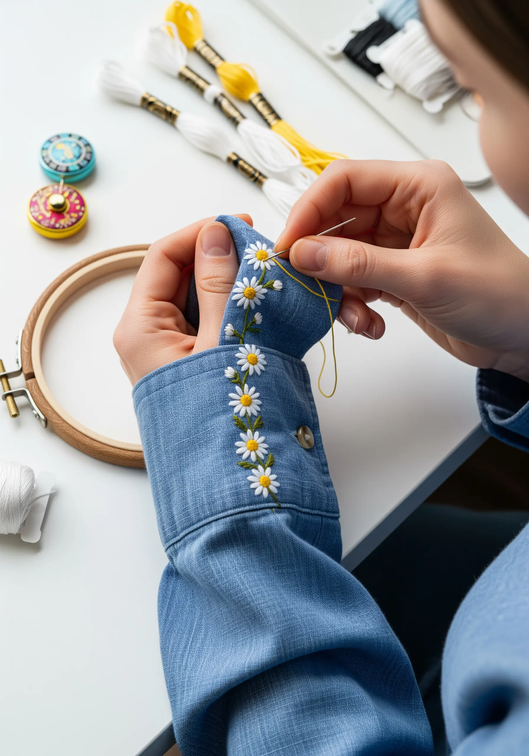 A row of delicate white and yellow daisies embroidered on the cuff of a blue chambray shirt.