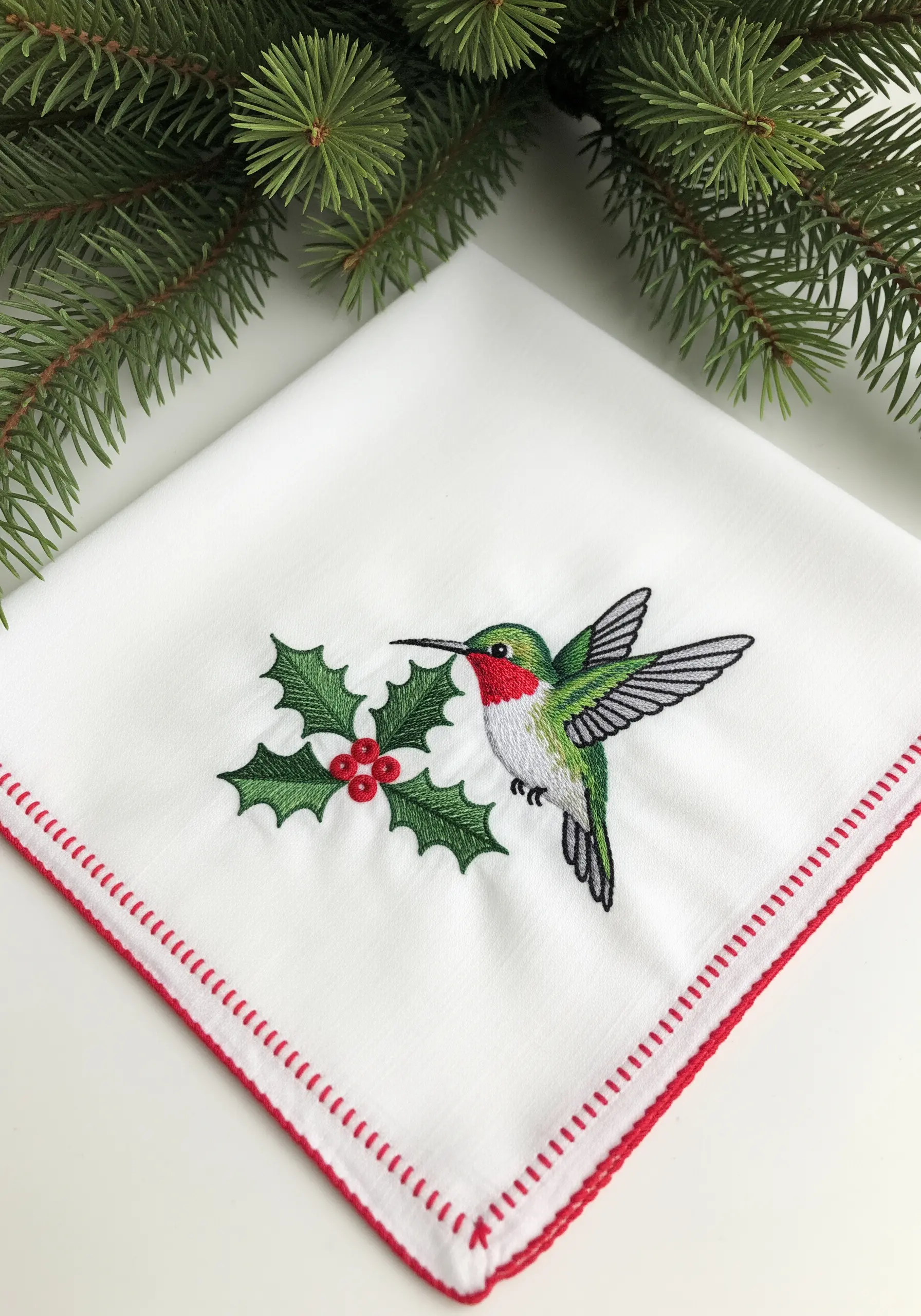 A ruby-throated hummingbird next to a sprig of holly on a white handkerchief.