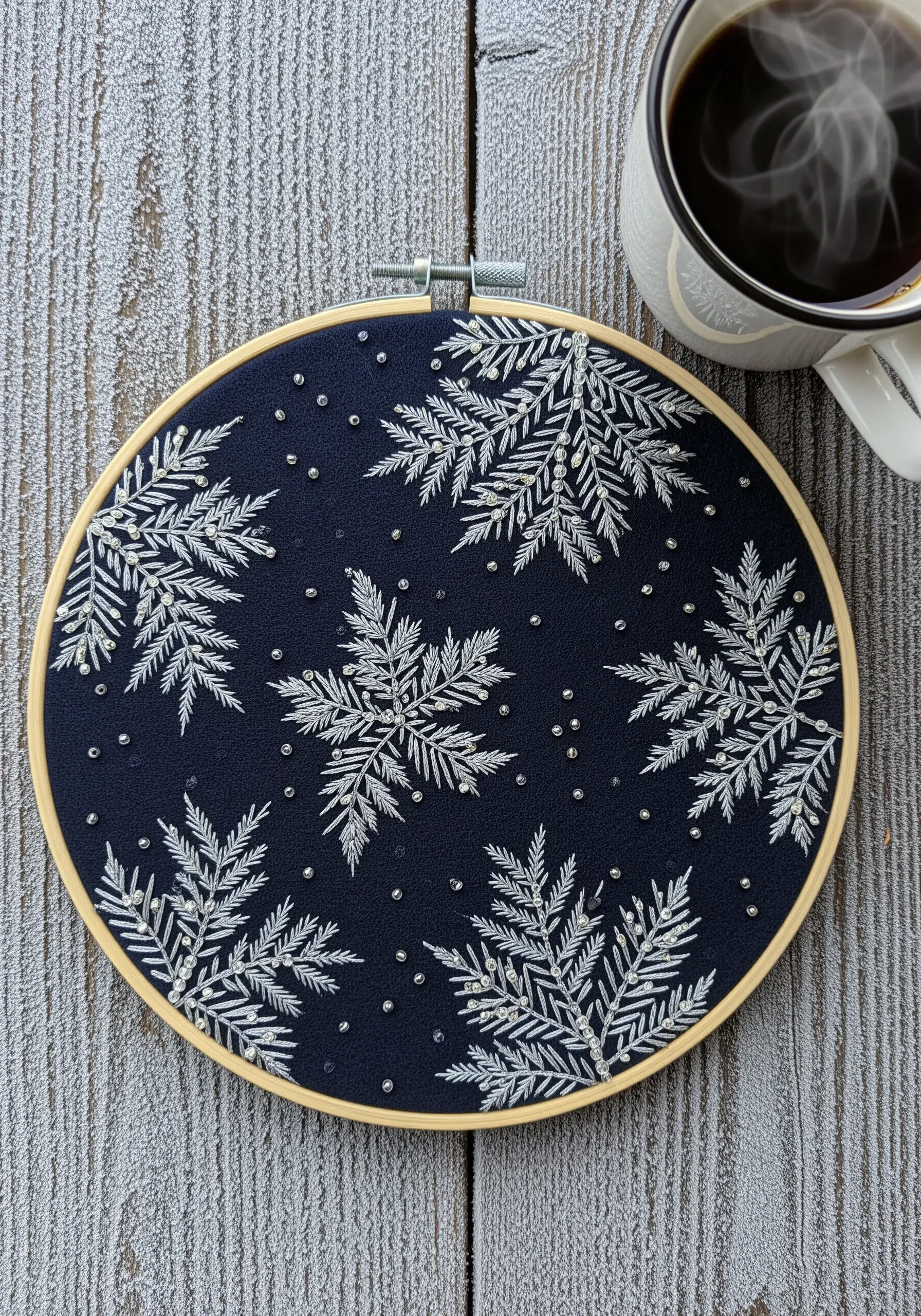Delicate frosty leaves embroidered in silver on navy fabric, accented with tiny beads.