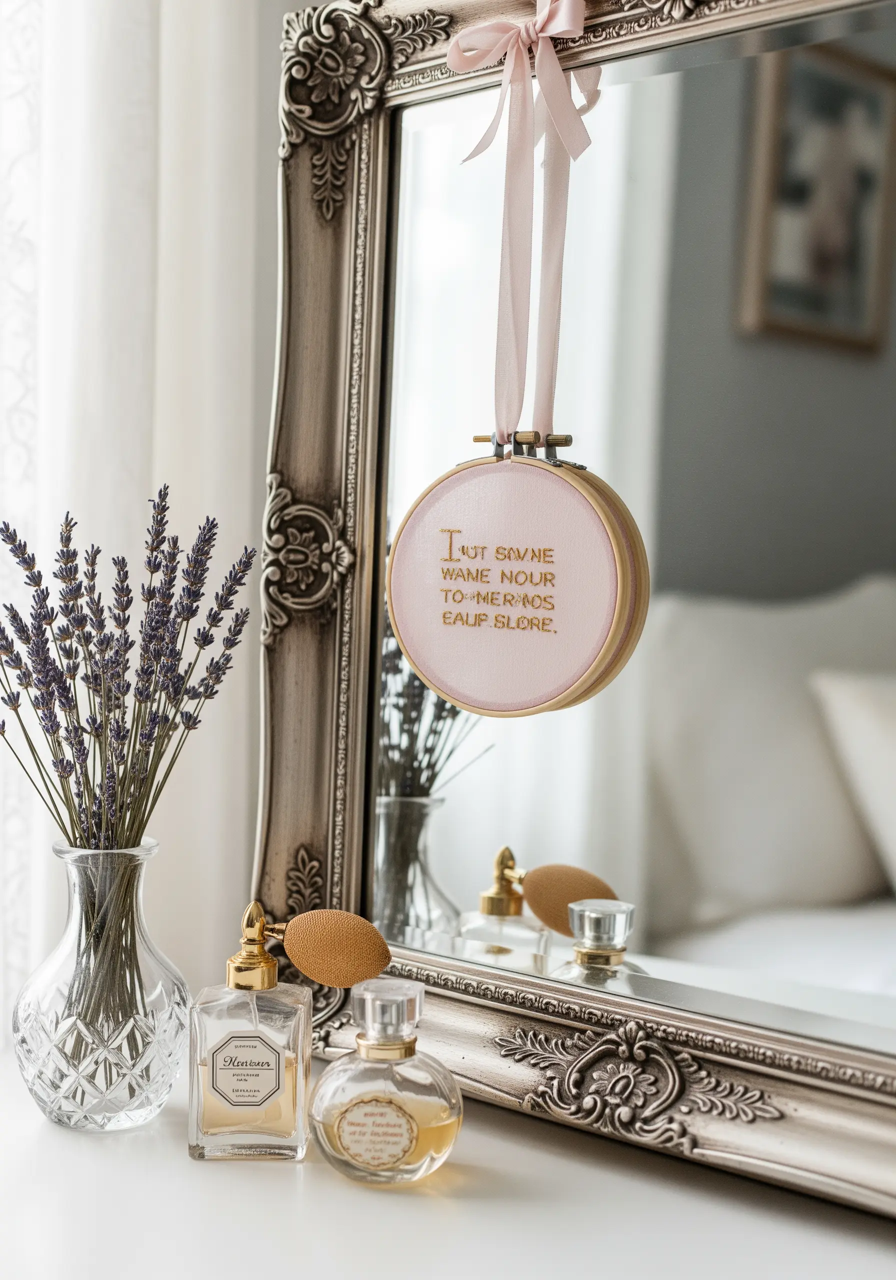Delicate gold metallic thread embroidery on pale pink fabric, hanging from a mirror.