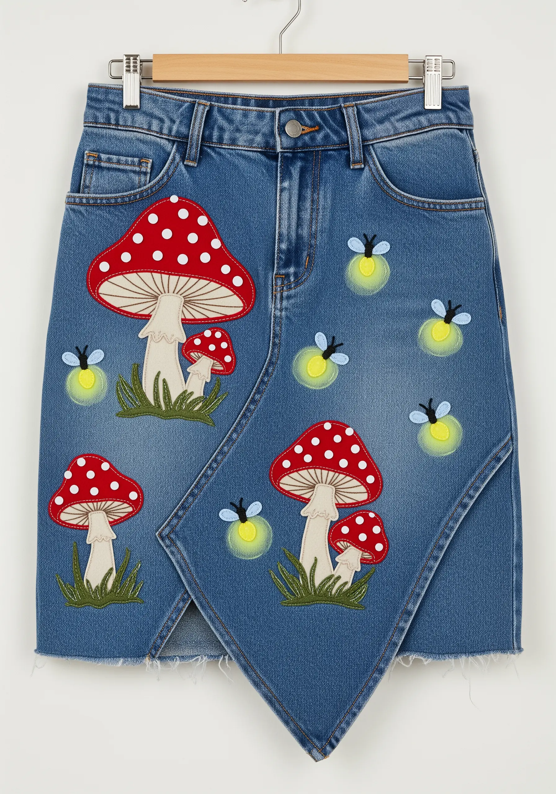 Embroidered red-capped mushrooms and glowing fireflies on an asymmetrical denim skirt