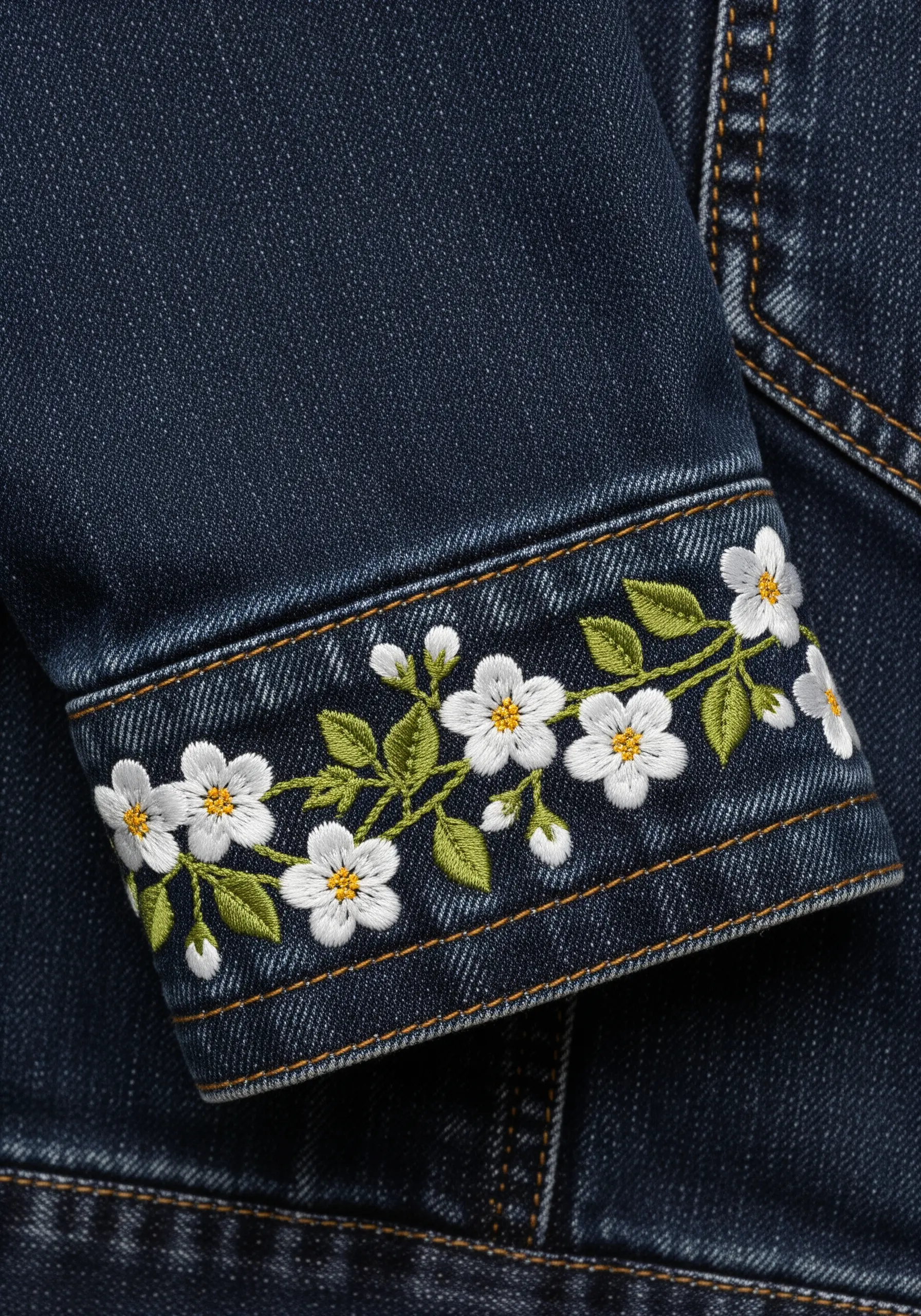 A delicate vine with small white flowers and green leaves embroidered around a dark denim cuff.