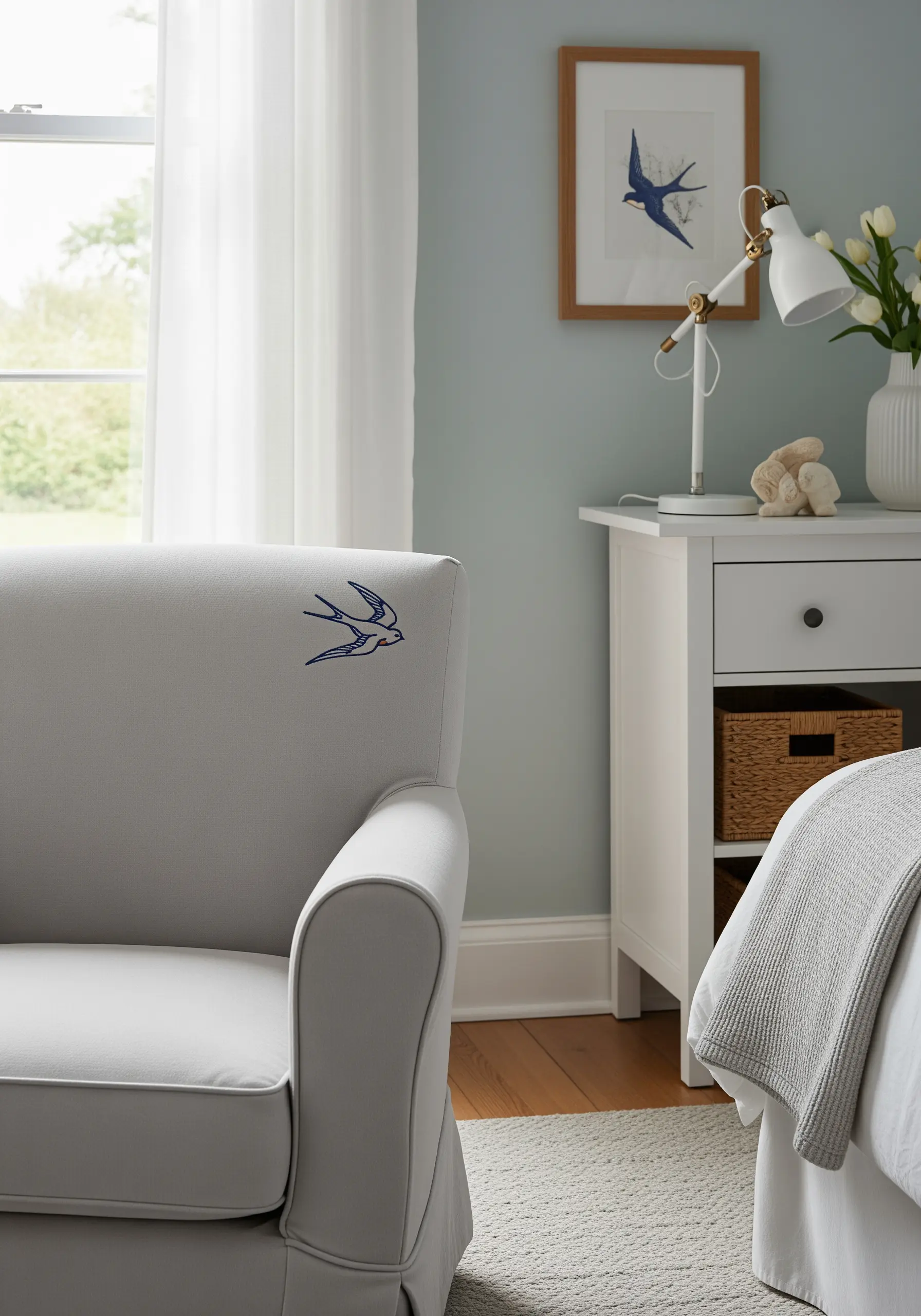 A small, detailed embroidery of a blue swallow on the top corner of a light gray armchair.