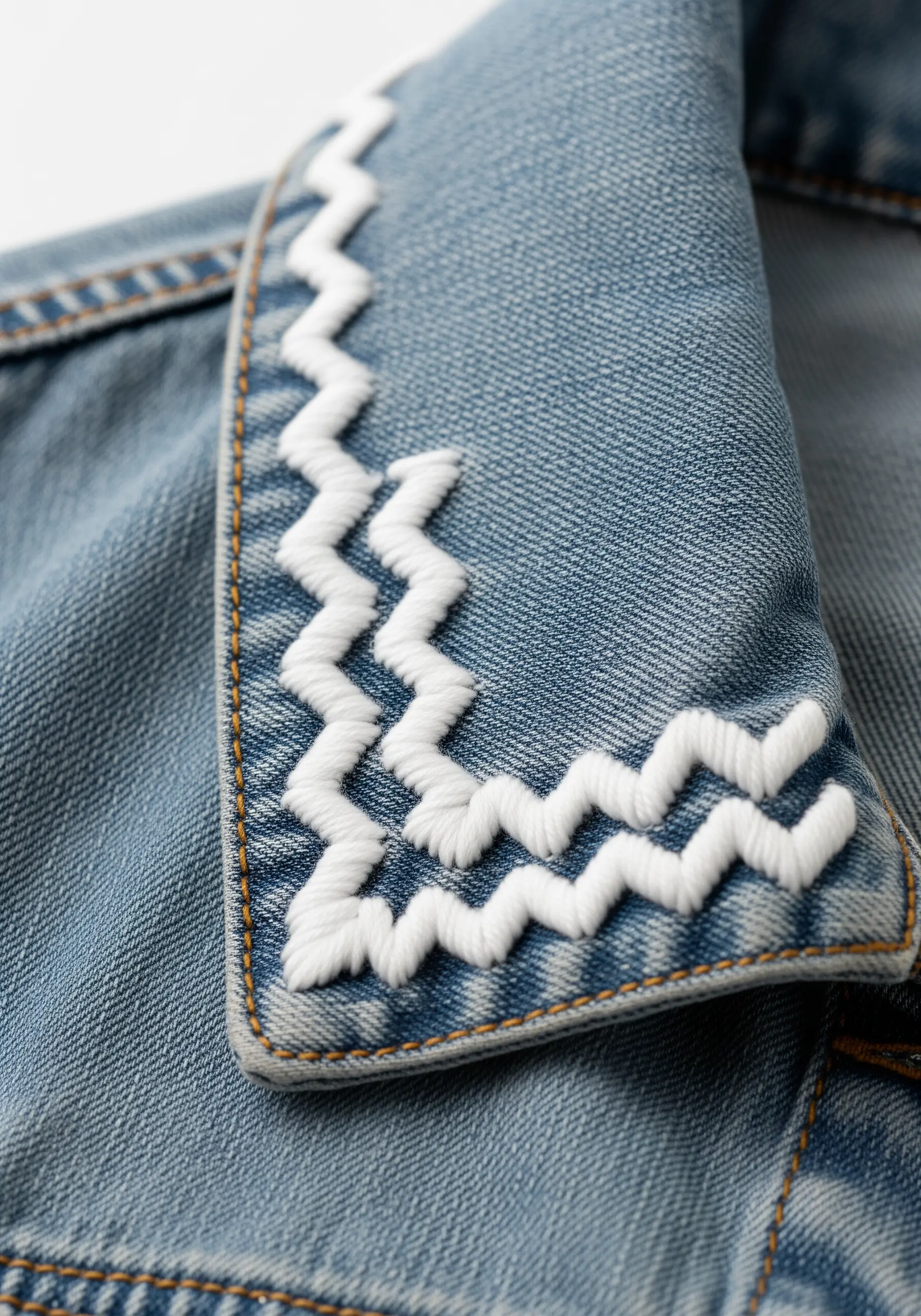 A thick, white zigzag satin stitch embroidered along the edge of a denim jacket collar.