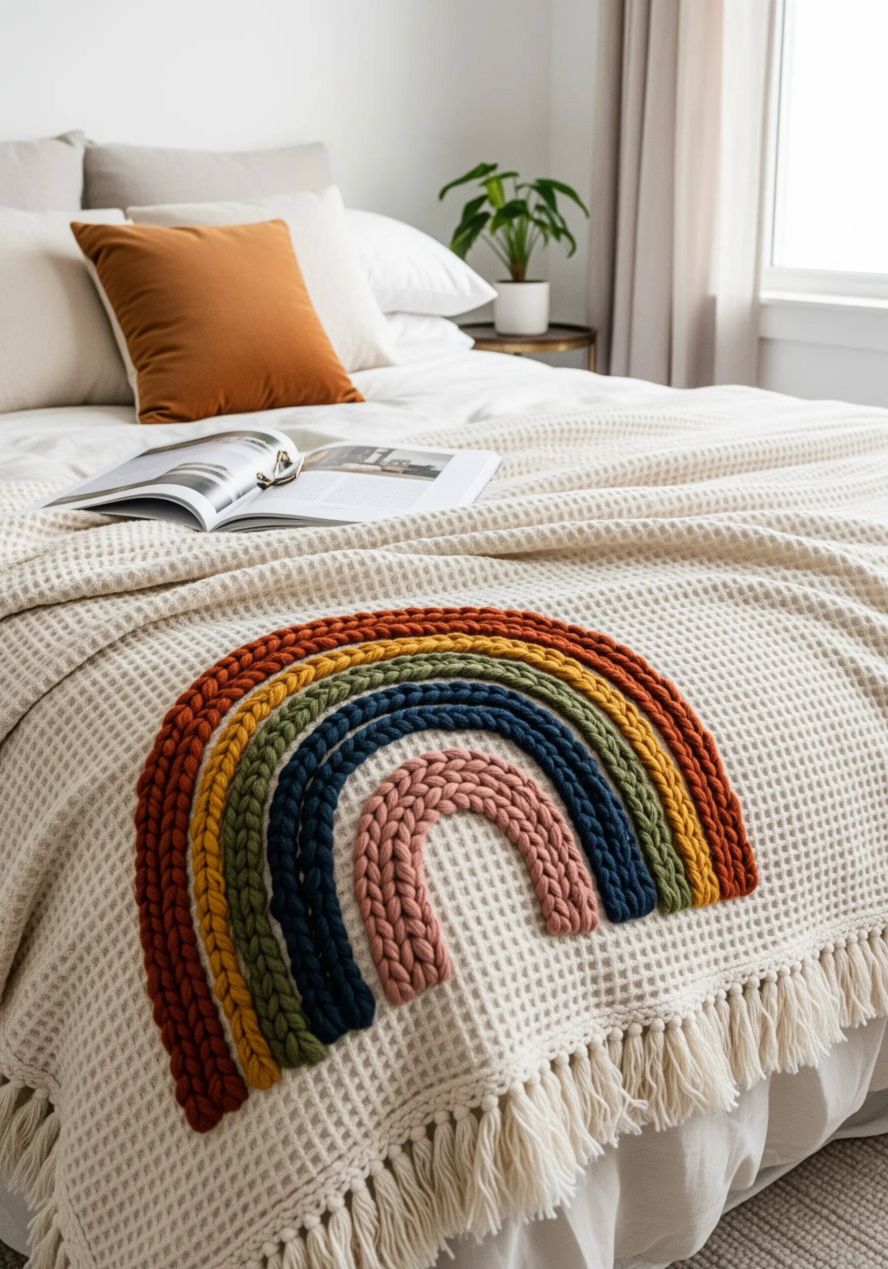 A chunky yarn rainbow in earthy tones couched onto a cream waffle-weave blanket.